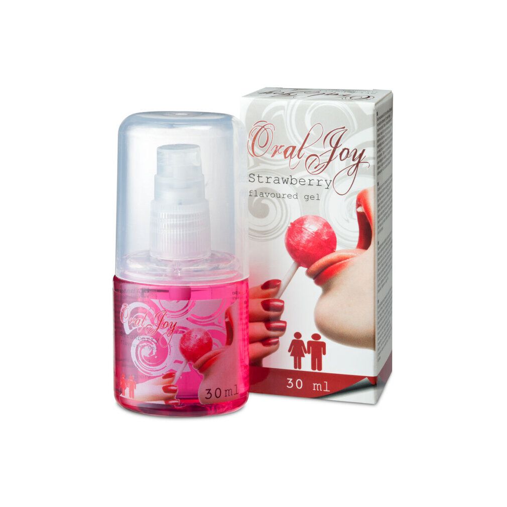 Oral Joy Erdbeer-Gel Flasche mit Pumpspender und Verpackung, 30ml.