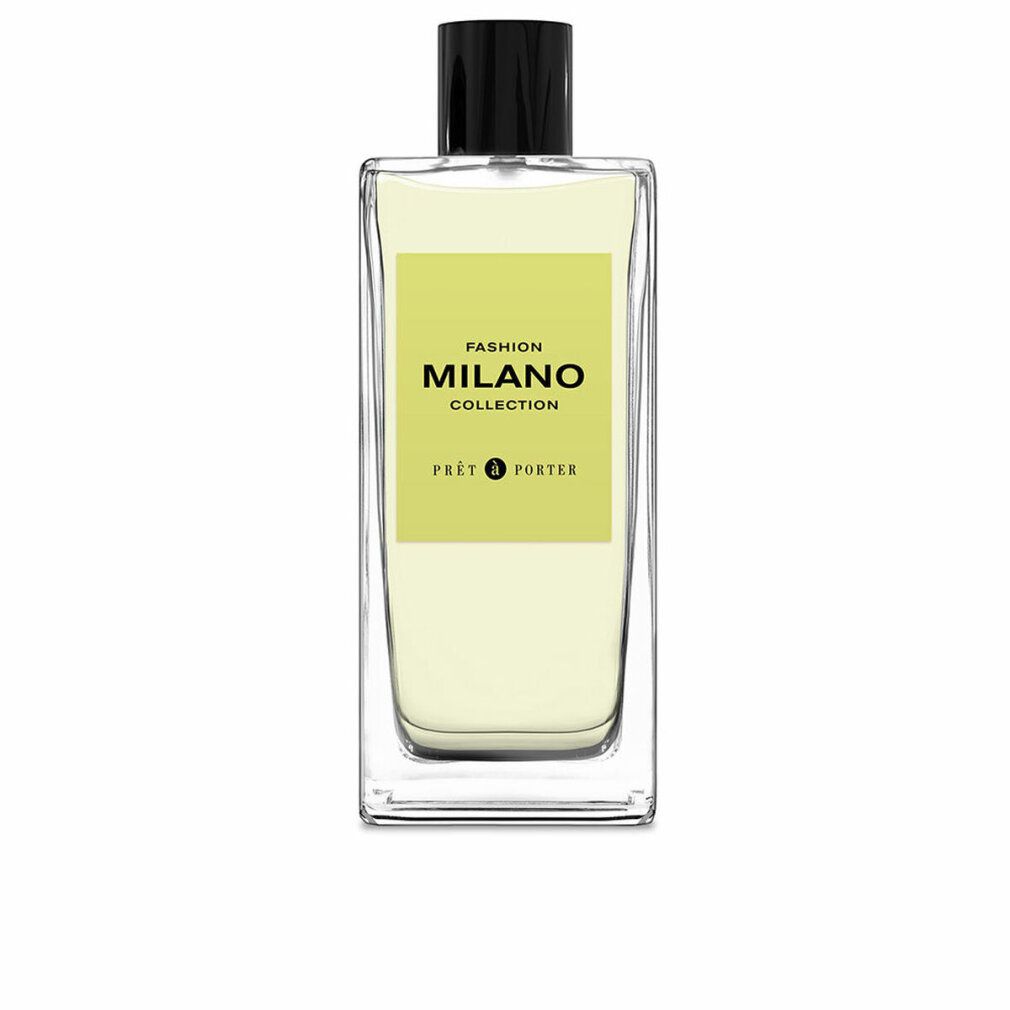 Rechteckiger Glasflakon mit schwarzem Verschluss. Gelbes Etikett mit schwarzem Text: Fashion Milano Collection, Pret a Porter.