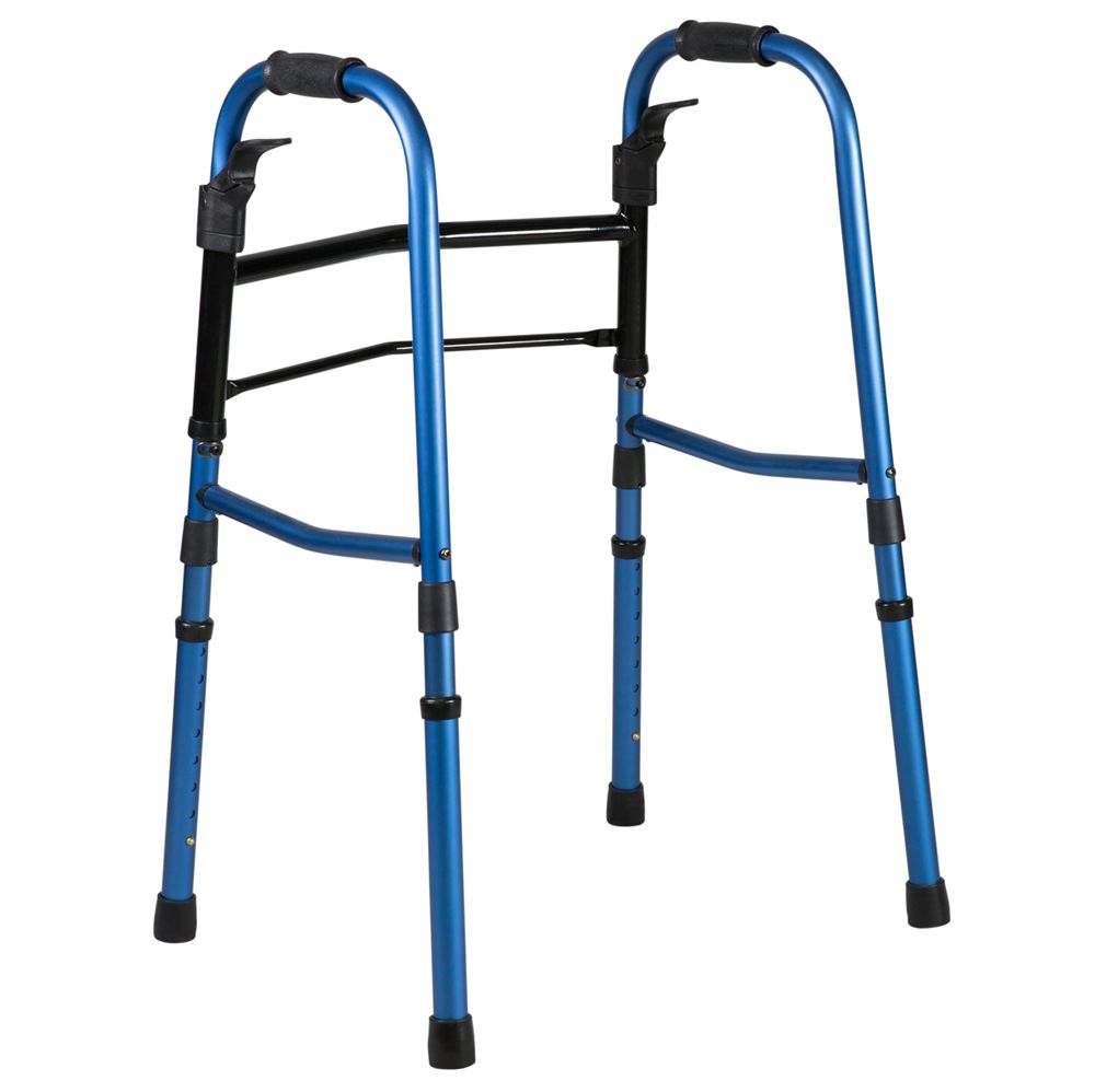 Blauer Gehwagen. Schwarze Griffe und Verbindungsstreben. Vier Beine, ohne Rollen.