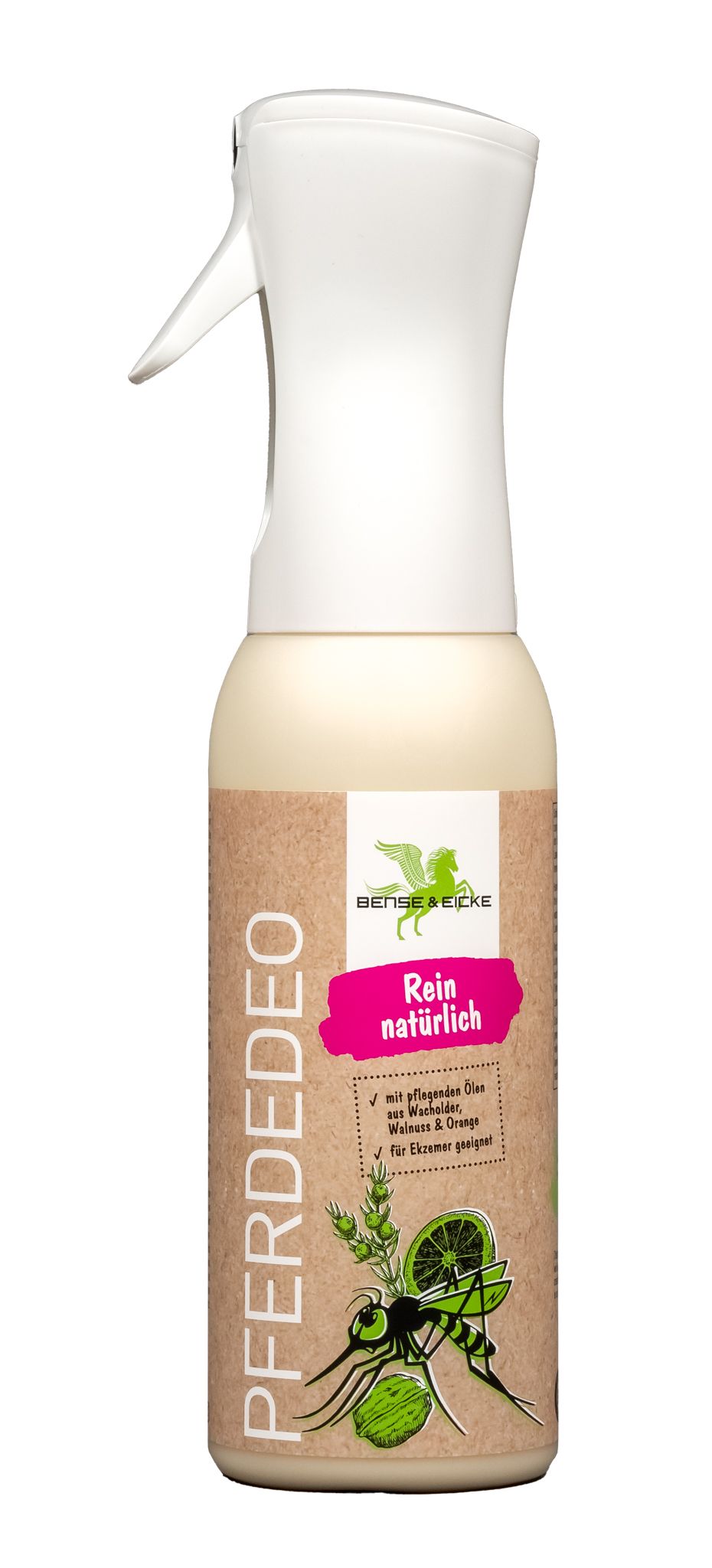 Sprühflasche mit weißem Sprühkopf. Etikett mit Produktnamen, Logo und Text. Natürlicher Insektenschutz für Pferde.