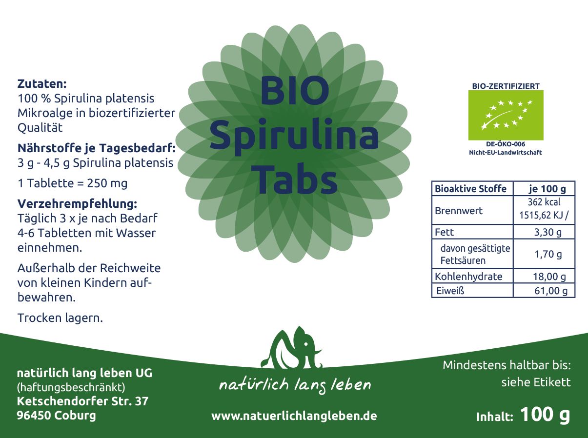 Etikett mit Produktinformationen. BIO Spirulina Tabs, Zutaten, Nährwerte, Verzehrempfehlung, Bio-Zertifizierung, Herstellerangaben.