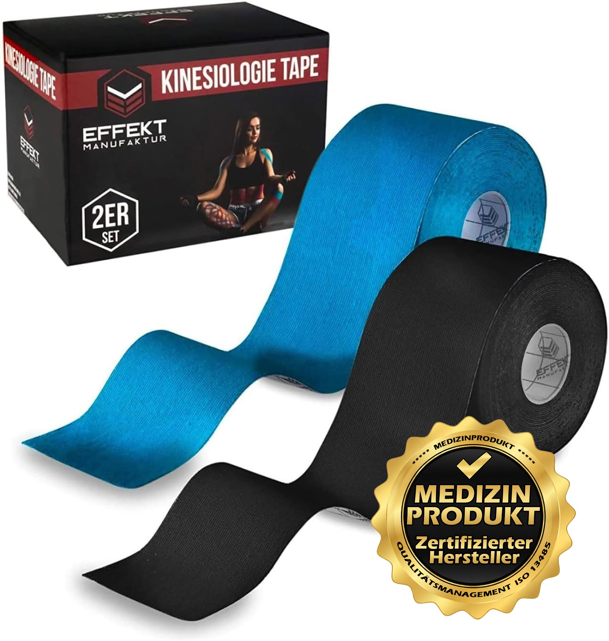 Verpackung mit zwei Rollen Kinesiologie-Tape in blau und schwarz. Goldener Aufkleber: Medizinprodukt.