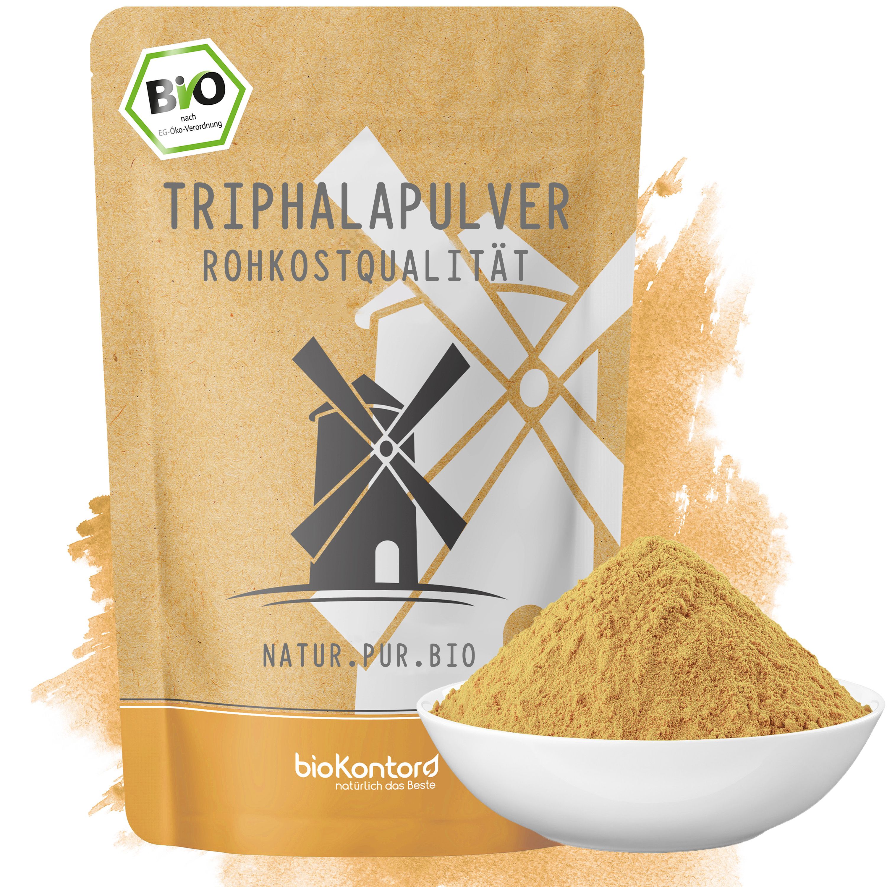 bioKontor Triphalapulver in Standbodenbeutel mit BIO-Siegel und Windmühlen-Logo. Daneben eine Schale mit Pulver.