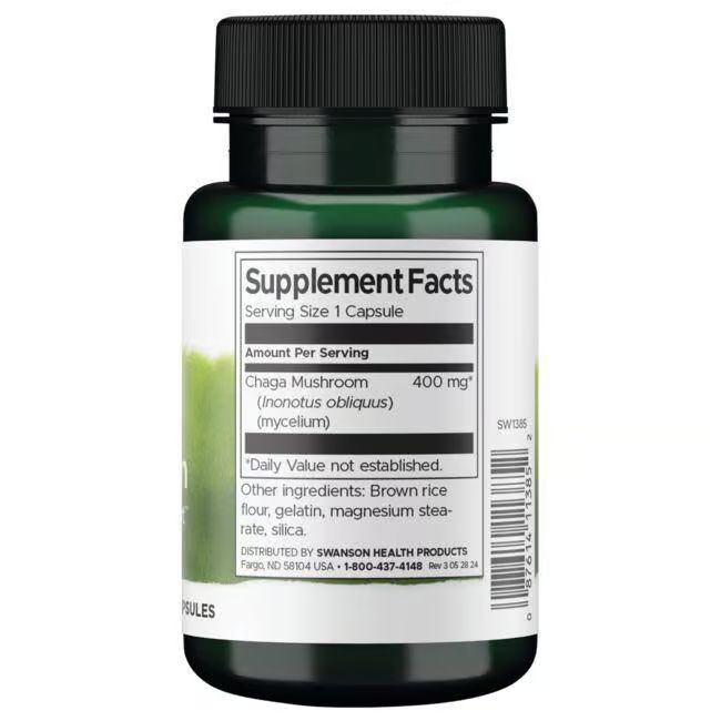 Rückseite einer grünen Flasche. Weißes Etikett mit Nährwertangaben. Enthält Chaga Mushroom, 400 mg.