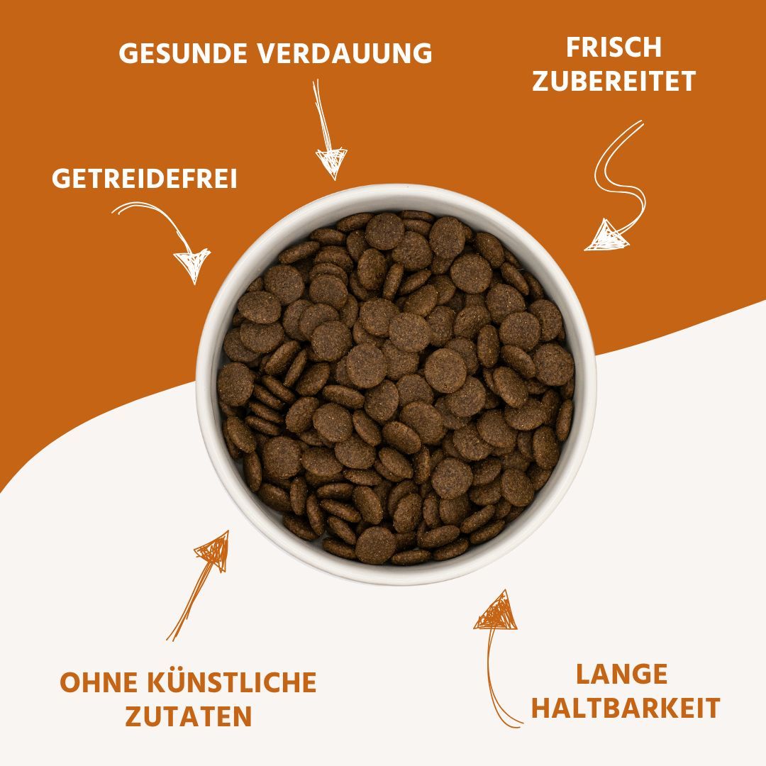 Getreidefreies Hundefutter mit Kaninchen, fördert Verdauung.