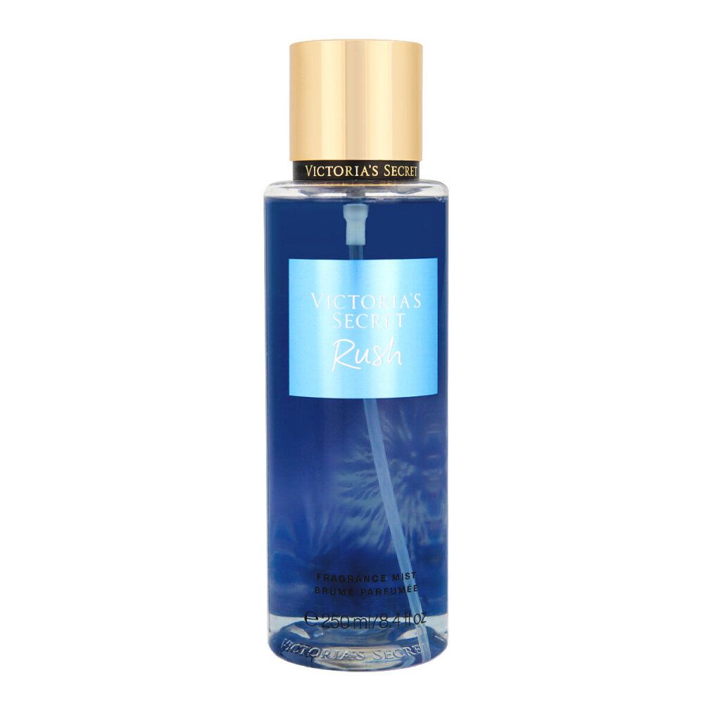 Blauer Flakon mit goldfarbenem Deckel. Aufkleber mit "Victoria's Secret Rush". 250 ml.