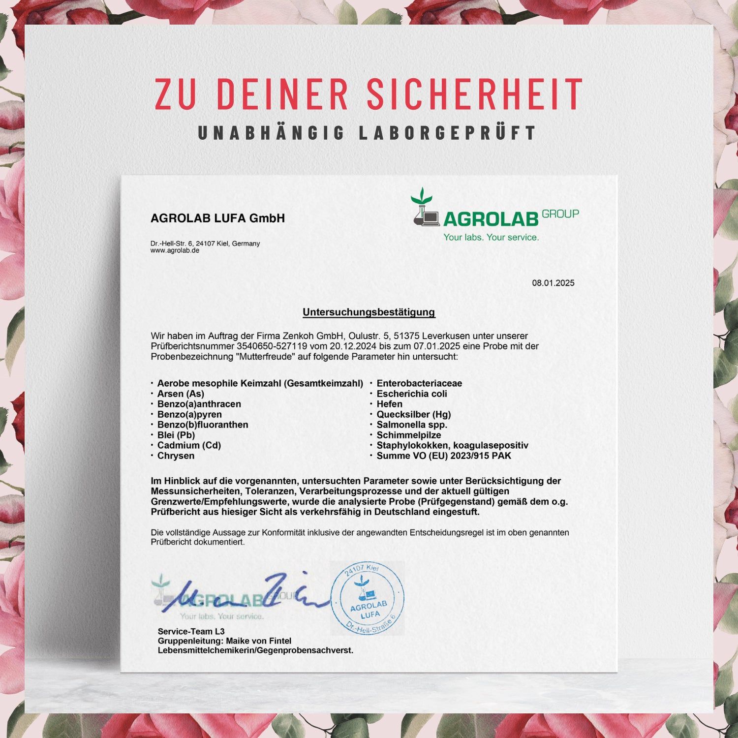 Untersuchungsbestätigung von Agrolab. Text: Unabhängig laborgeprüft. Analyseergebnisse für Mutterfreude.
