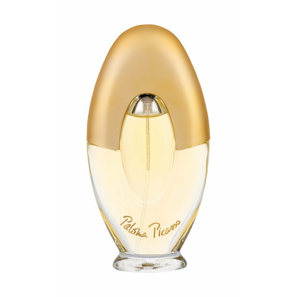 Ovale Parfumflasche mit goldenem Deckel. Klare Flüssigkeit im Inneren. Schriftzug am Flaschenboden.