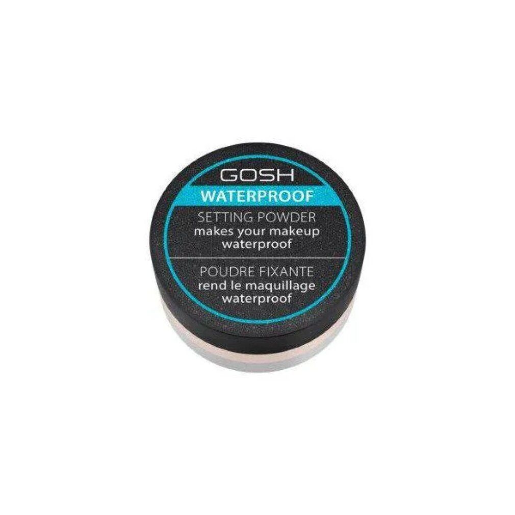 Runder Behälter mit schwarzem Deckel. Aufschrift: GOSH WATERPROOF SETTING POWDER. Türkisfarbener Streifen mit Text. Puder sichtbar.