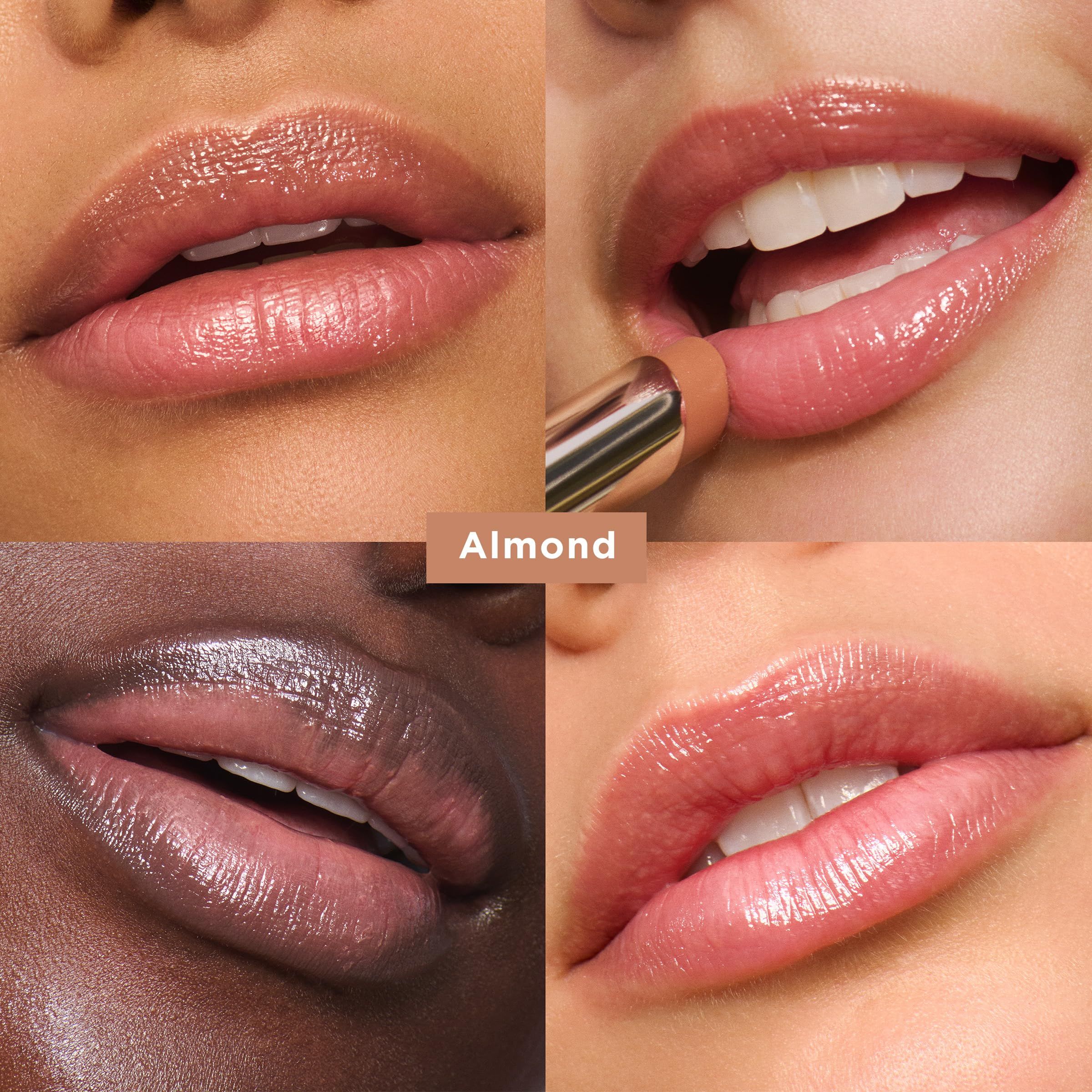 Vier Lippen, die Lip Oil Balm zeigen. Verschiedene Hauttöne. Der Balsam ist glänzend und in verschiedenen Farben.