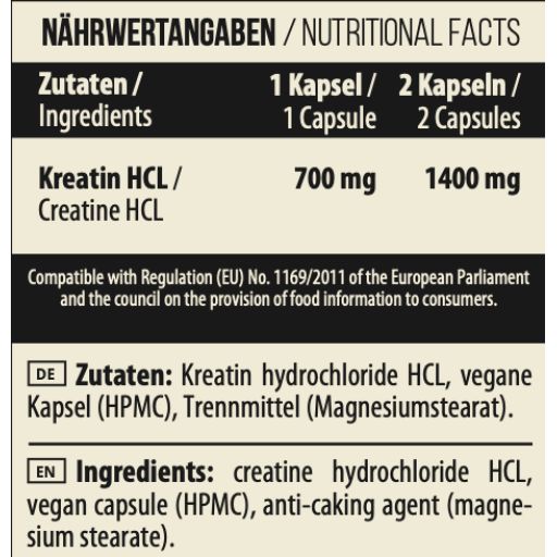 Nährwertangaben: Kreatin HCL, 700mg/1400mg. Zutaten: Kreatin HCL, vegane Kapsel, Trennmittel. Kompatibel mit EU-Verordnung.