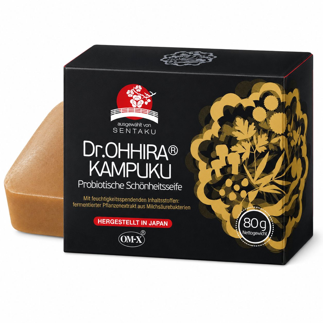 Verpackung und Stück Seife Dr. OHHIRA KAMPUKU Probiotische Schönheitsseife, 80g.