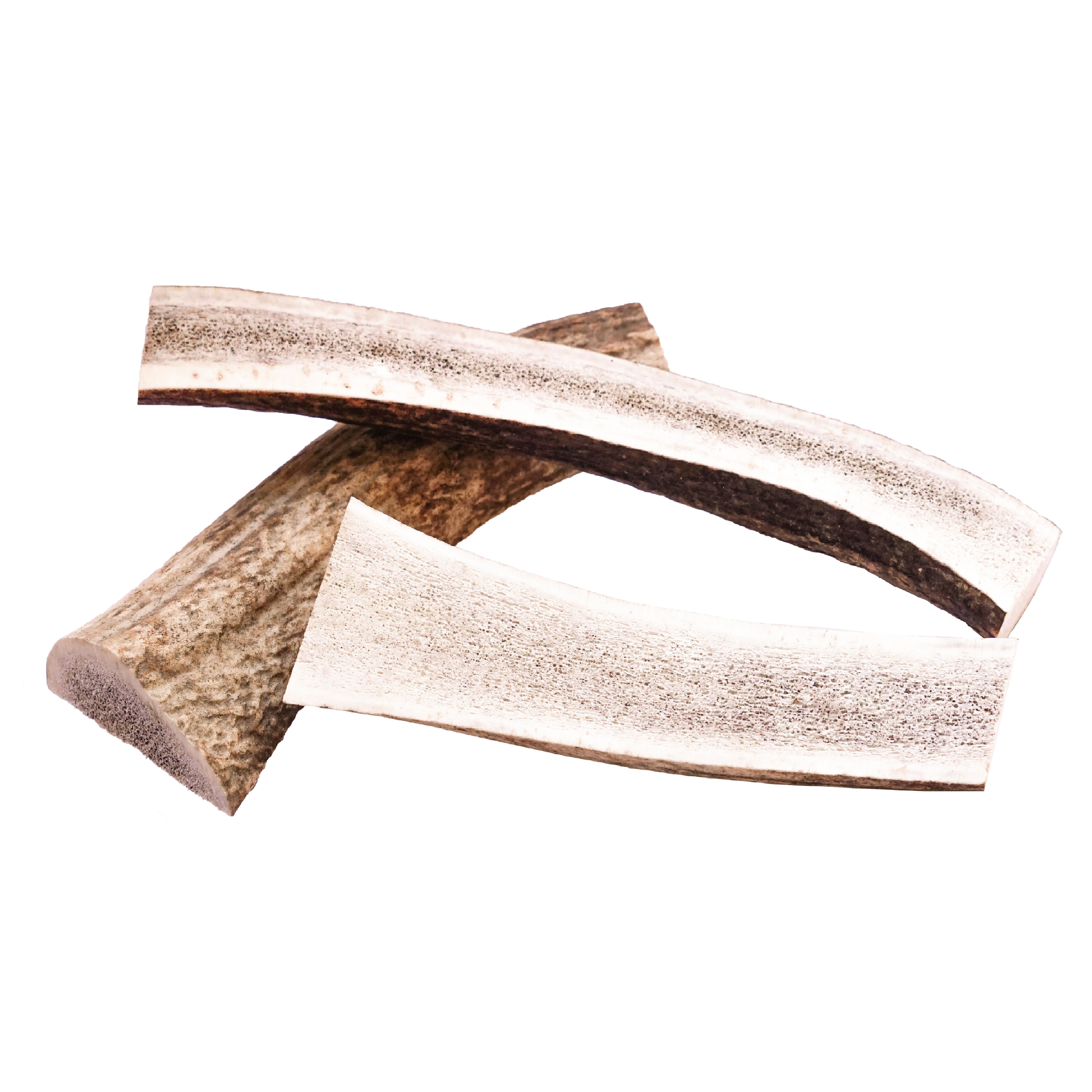 Halbierte Hirsch-Geweihstücke. Drei Stücke mit sichtbarer Knochenstruktur. Natürliche Form und Textur. Helle und dunkle Bereiche.