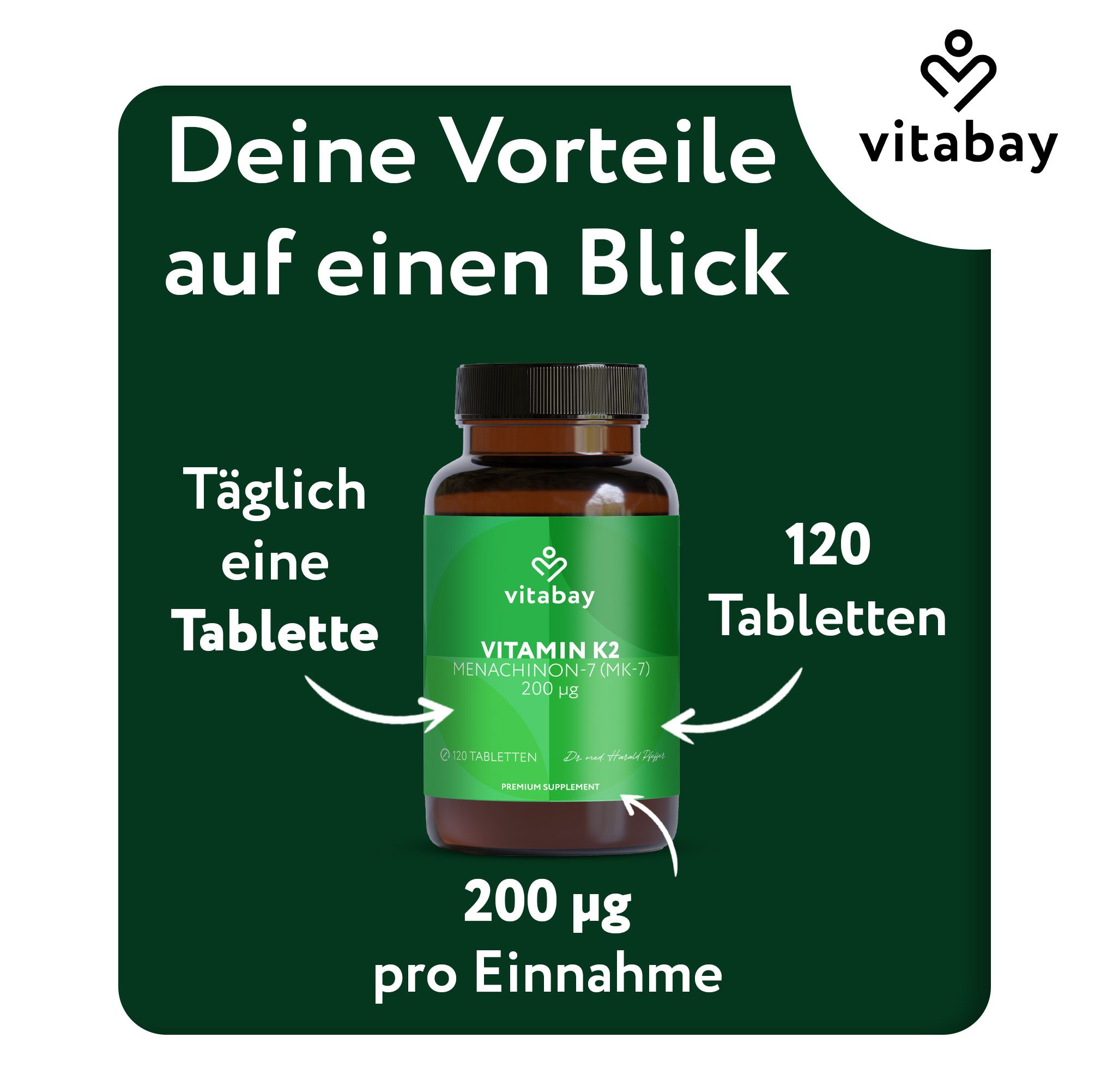 Vitabay Vitamin K2: Braunglasflasche, 120 Tabletten, 200 µg pro Einnahme.