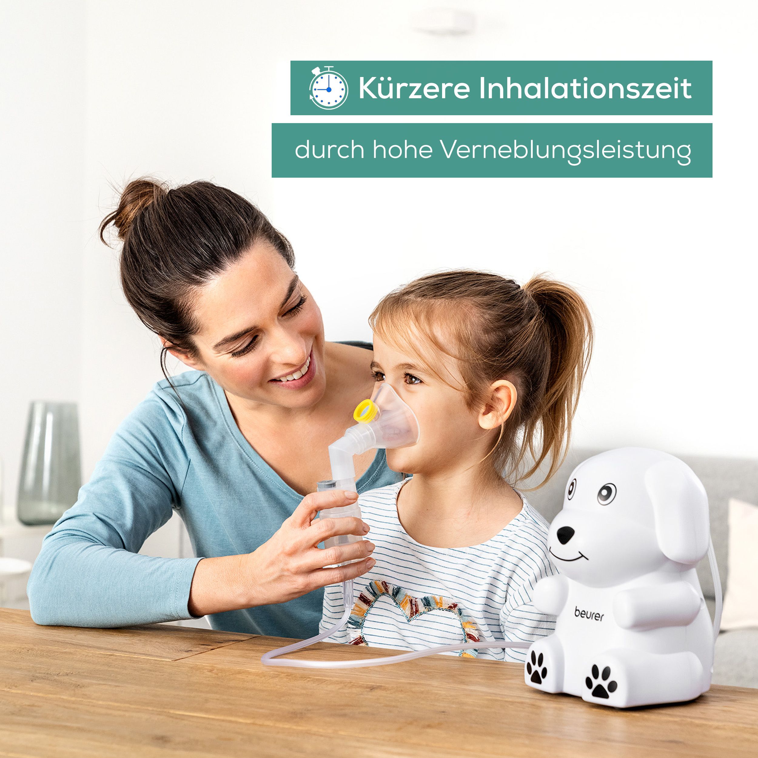Kind mit Inhalationsmaske. Mutter hilft. Weißer Inhalator in Hundeform. Gelbe Maske. Text: Kürzere Inhalationszeit durch hohe Verneblungsleistung.