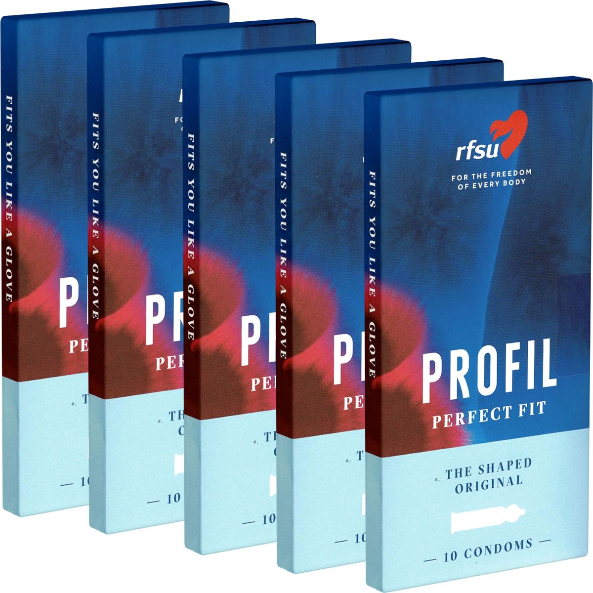 Fünf Schachteln Kondome. Aufschrift: RFSU Profil, Perfect Fit. Blaue Verpackung mit rotem Farbverlauf. Enthält 10 Kondome.