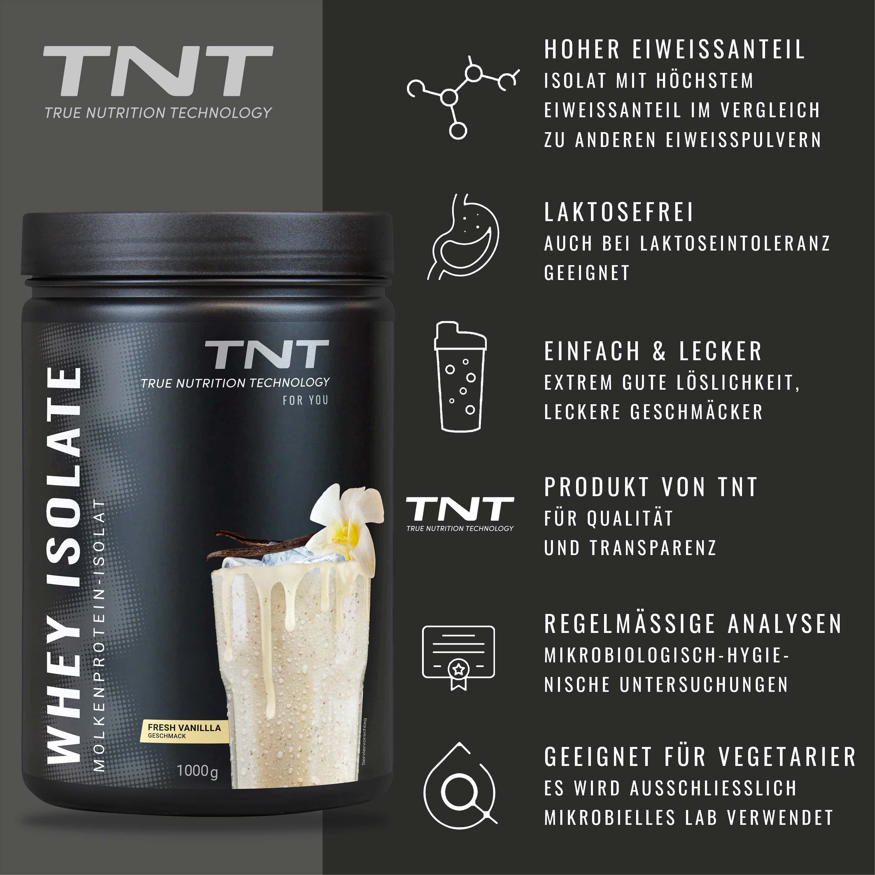 Schwarze Dose TNT Whey Isolat. Text: Hoher Eiweißanteil, laktosefrei, einfach & lecker, Produkt von TNT, regelmäßige Analysen, vegetarisch.
