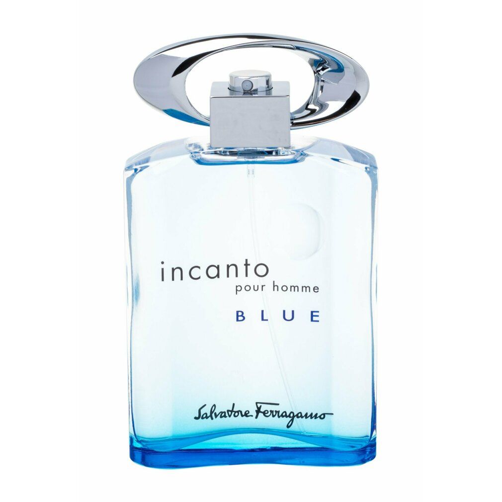 Hellblaues Parfümflakon mit silberfarbenem Verschluss. Aufschrift: Incanto pour homme Blu, Salvatore Ferragamo.