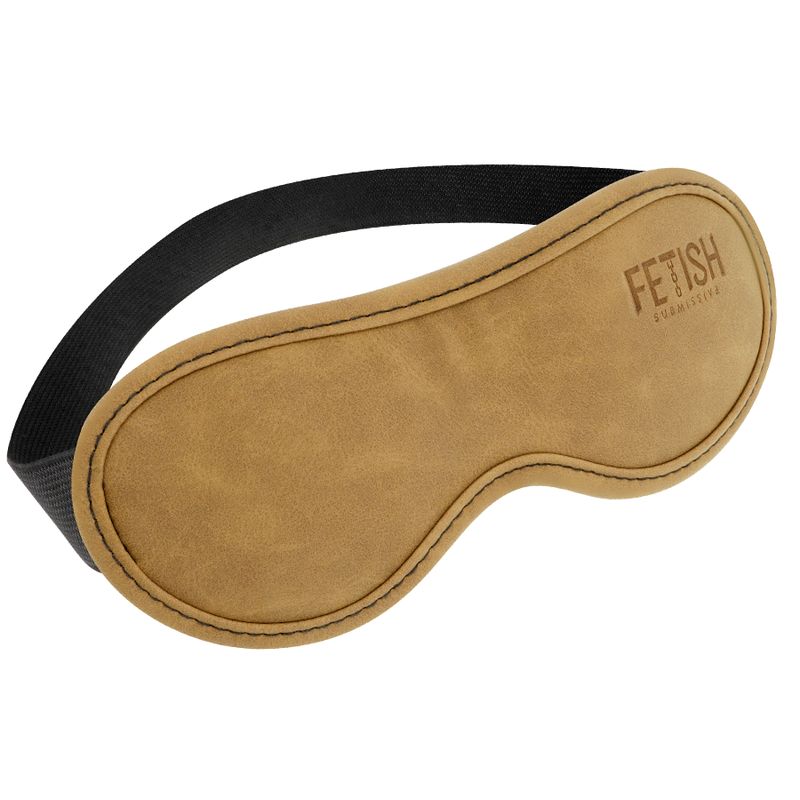 Beige Augenmaske aus Kunstleder mit schwarzem Gummiband. Auf der Maske steht "FETISH SUBMISSIVE".
