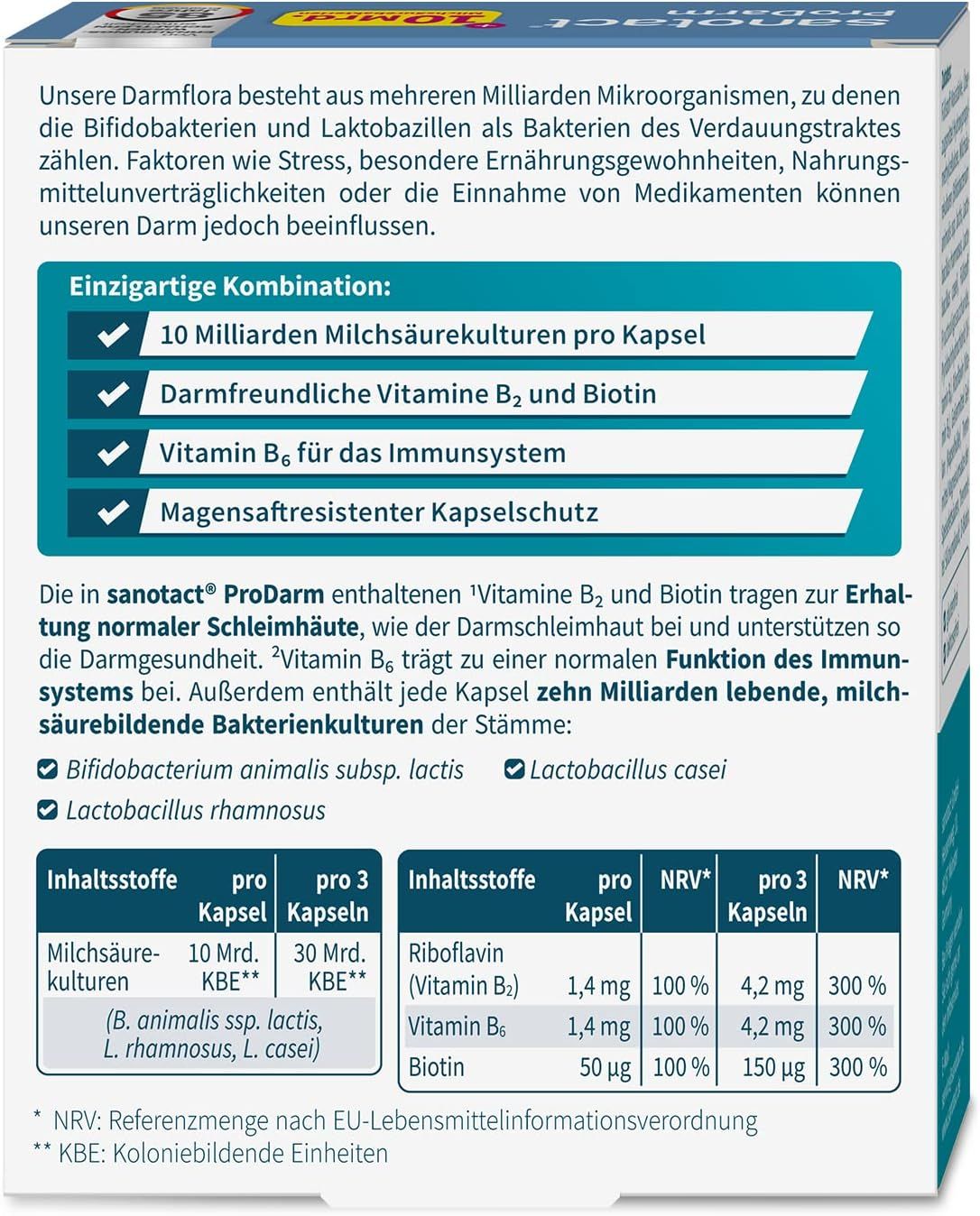 Rückseite der Sanotact ProDarm Packung. Text mit Inhaltsstoffen, Nährwertangaben und Informationen zu den Bakterienkulturen.