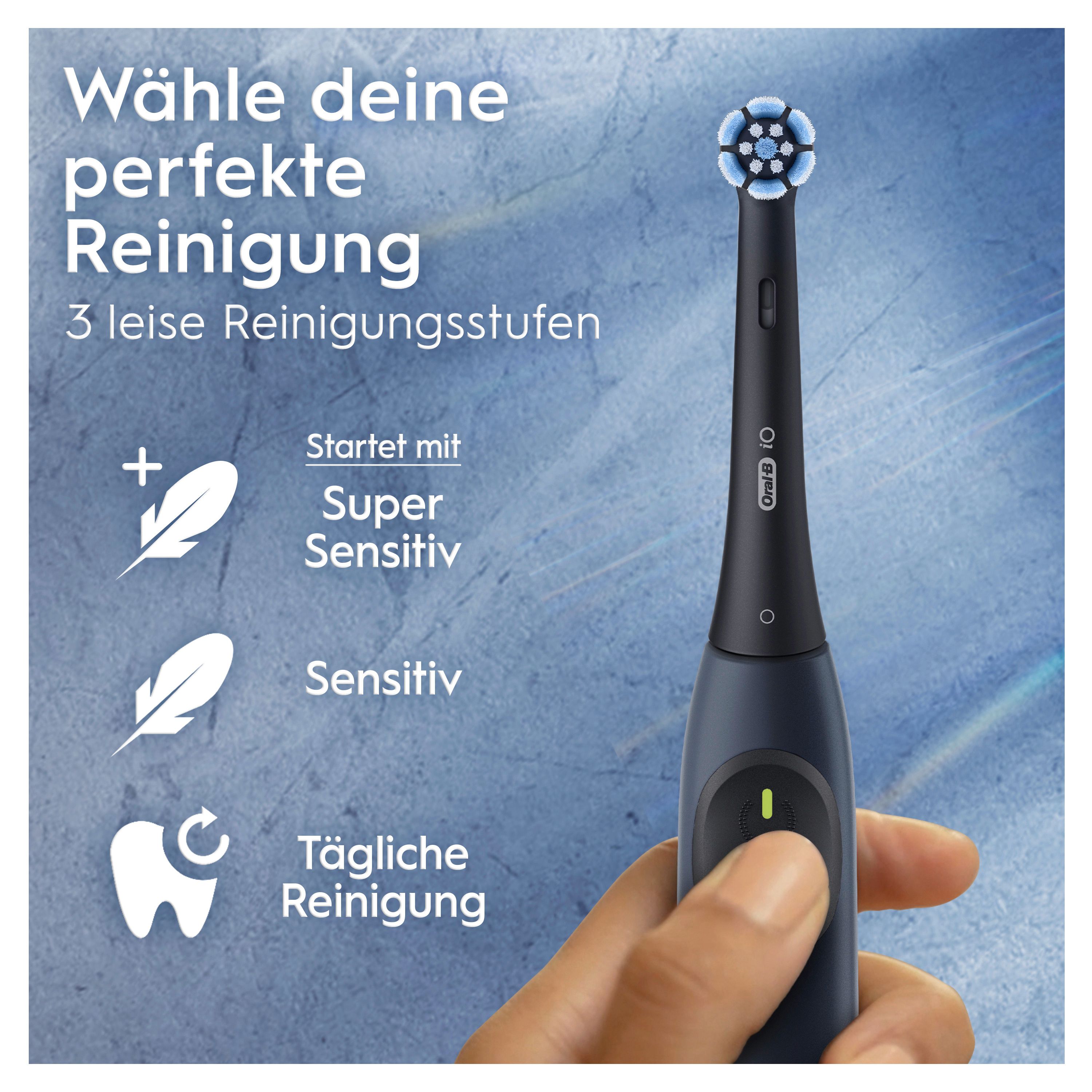 Elektrische Zahnbürste in Hand. Drei Reinigungsstufen: Super Sensitiv, Sensitiv, Tägliche Reinigung. Text: Wähle deine perfekte Reinigung.