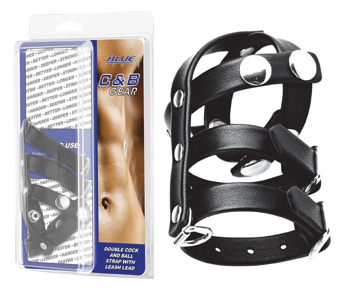 Schwarzer Penis- und Hodenring mit Leine. Besteht aus Leder und Metall. Verpackt in Blisterverpackung. Aufschrift: C&B GEAR.