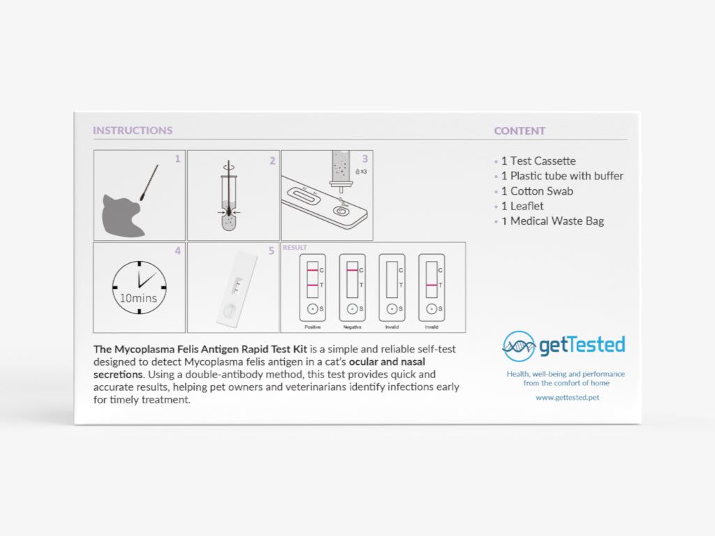 GetTested-Testkit für Katzen. Enthält Testkassette, Röhrchen, Wattestäbchen, Beipackzettel und medizinischen Abfallbeutel. Anleitung auf der Verpackung.