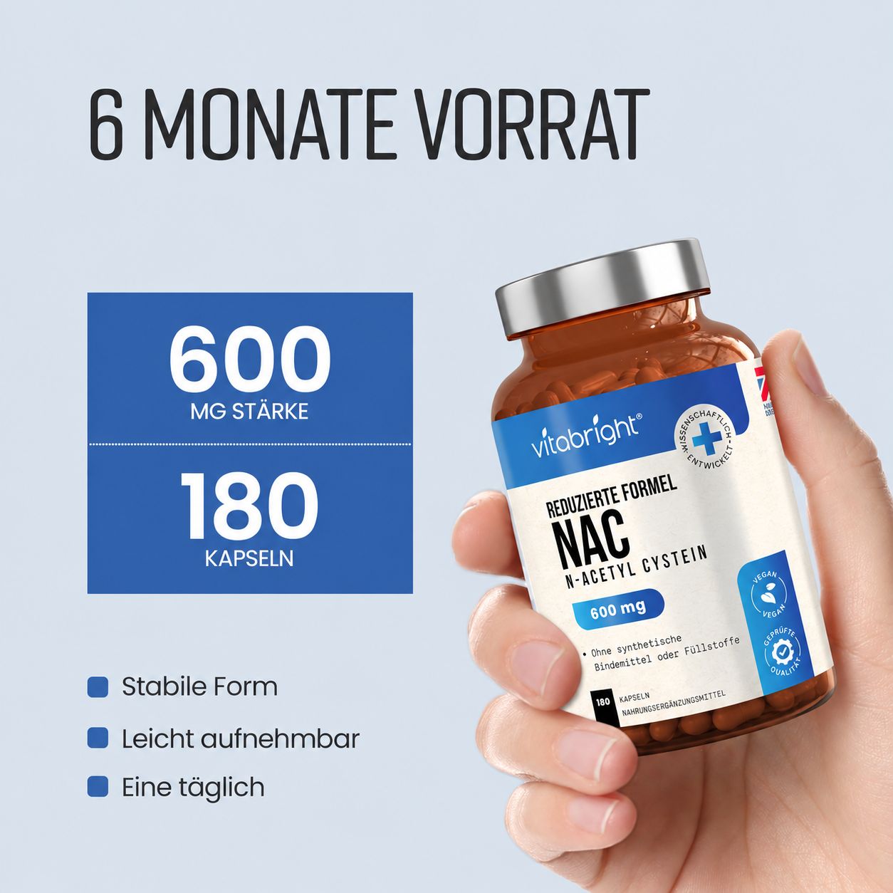 Eine Hand hält eine Flasche mit 180 Kapseln NAC N-Acetyl-Cystein, 600 mg Stärke.