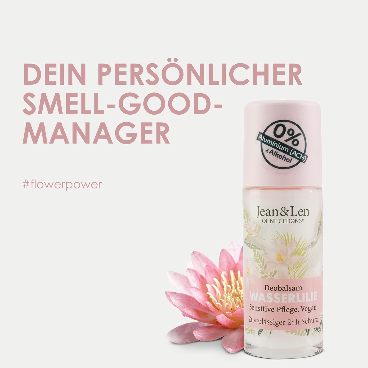 Deobalsam Wasserlilie, Roll-on-Flasche, rosa Deckel, 0% Aluminium & Alkohol. Rosa Lotusblüte daneben.