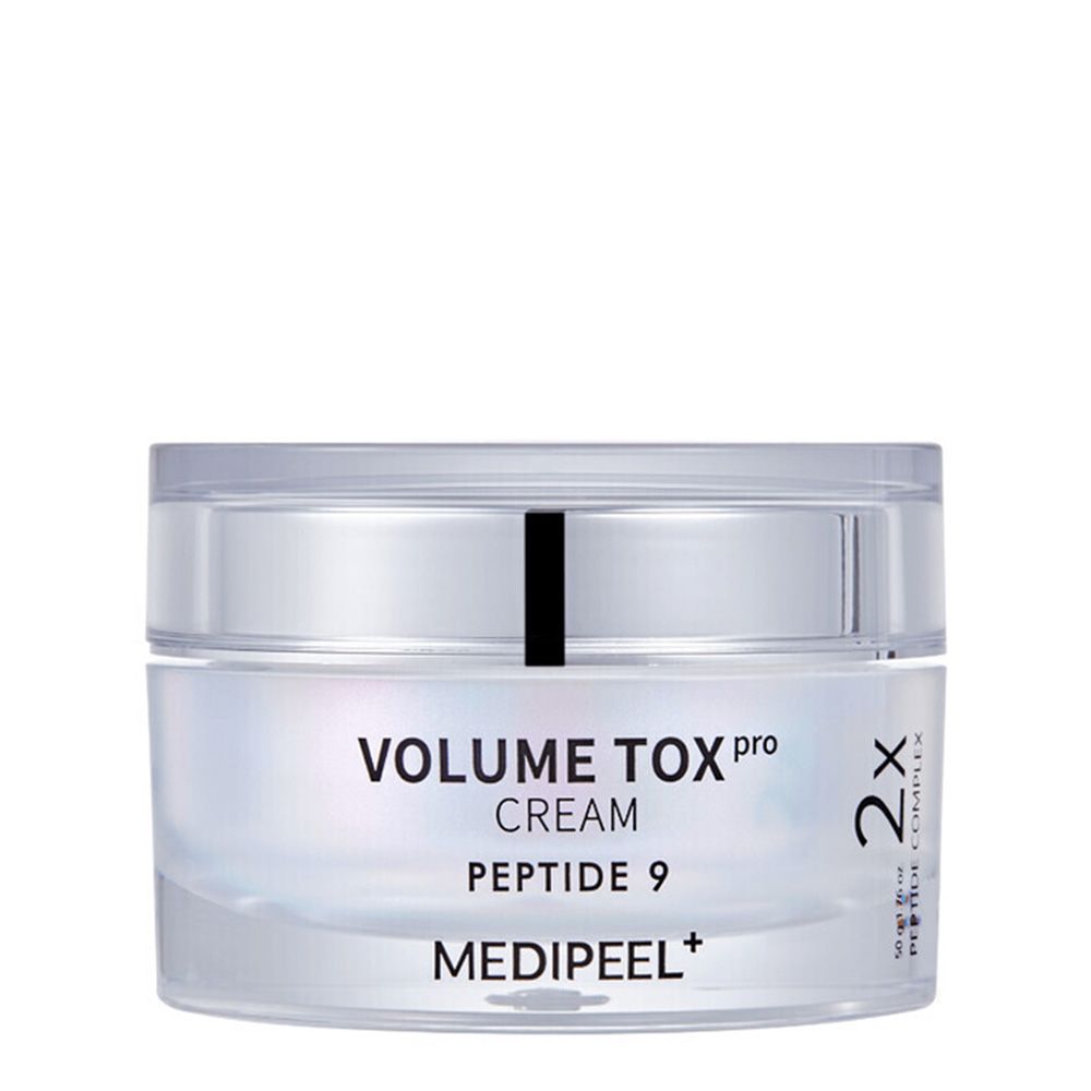 Medipeel Volume Tox Pro Cream Peptide 9 in einem transparenten Tiegel mit silbernem Deckel.