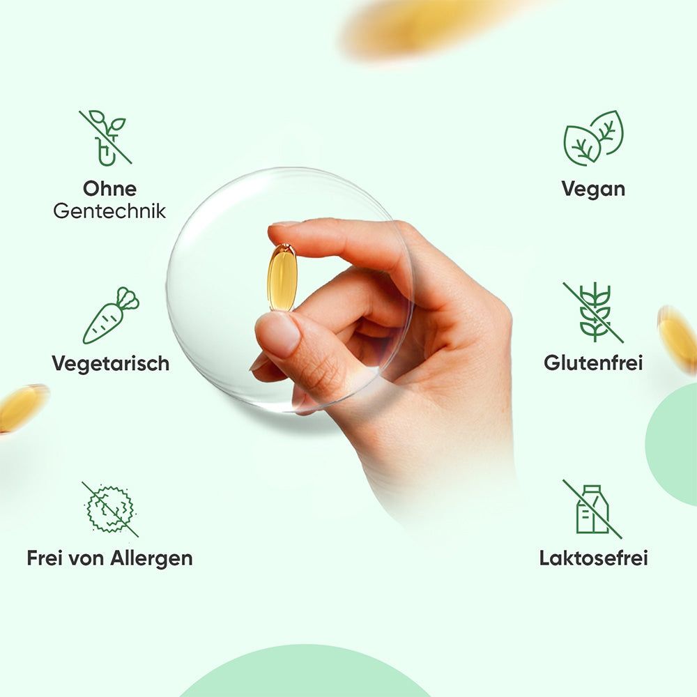Hand hält Kapsel. Vegan, glutenfrei, laktosefrei, vegetarisch, ohne Gentechnik, allergenfrei. Produktabbildung.