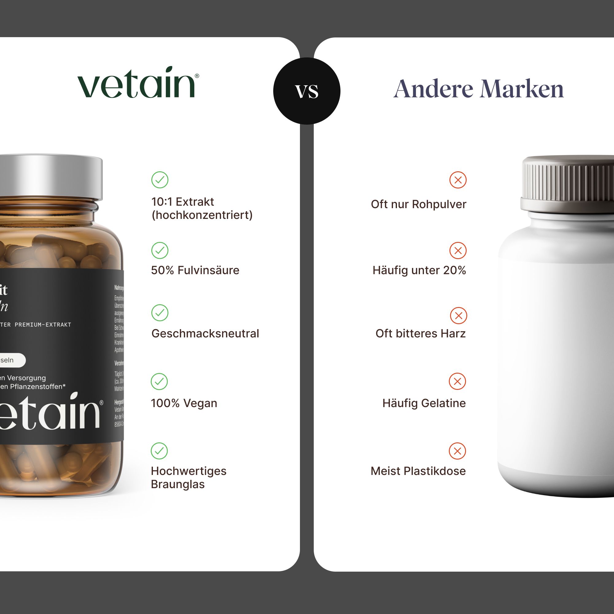 Vergleich: Vetain Supplement in Braunglasflasche mit Etikett, daneben weiße Flasche anderer Marken.
