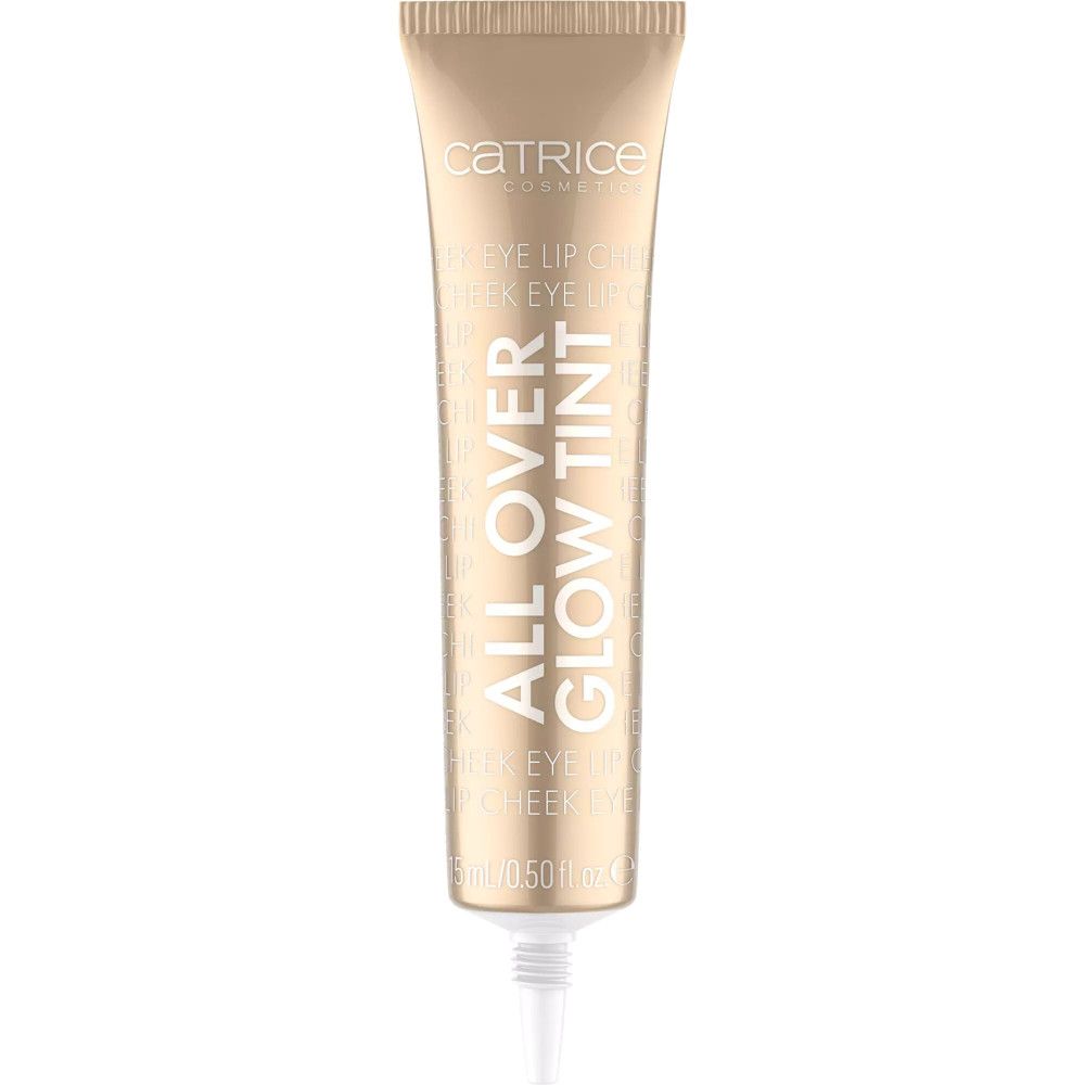 Catrice All Over Glow Tint Tube. Goldfarbene Tube mit weißem Verschluss. Aufschrift: ALL OVER GLOW TINT.