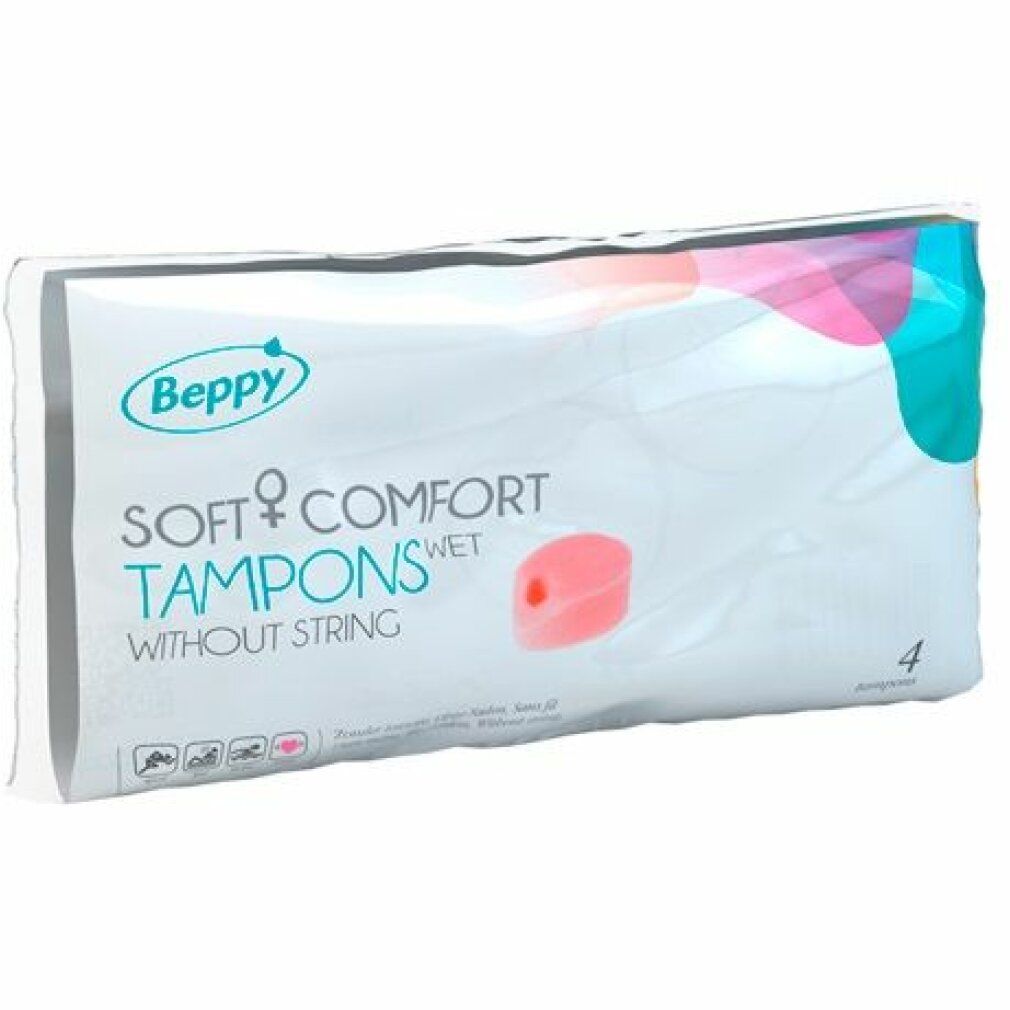 Verpackung mit Beppy Soft+Comfort Tampons ohne Faden. Enthält 4 Stück. Rosa Produktabbildung.