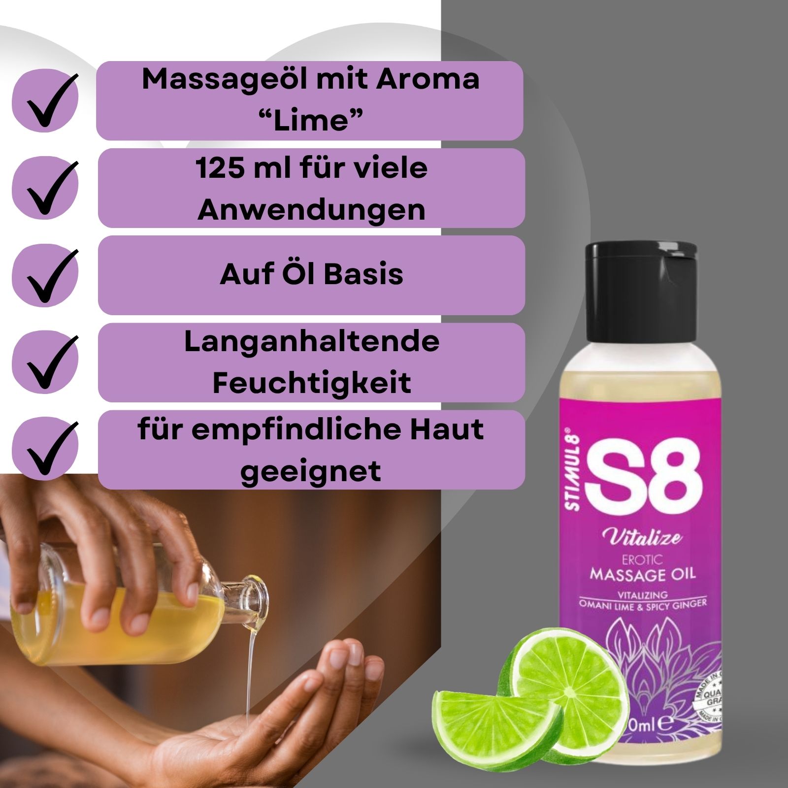 Massageöl-Flasche, daneben Limettenscheiben. Text: Massageöl mit Aroma „Lime“, 125 ml, auf Ölbasis, für empfindliche Haut.