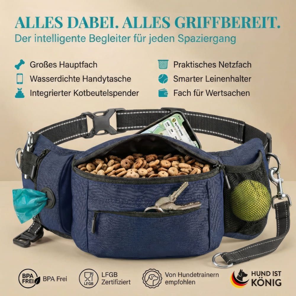 Blaue Bauchtasche mit Leckerlis, Schlüssel, Kotbeutelspender, Ball und Smartphone. Schwarzer Gurt. Text: Alles dabei. Alles griffbereit.