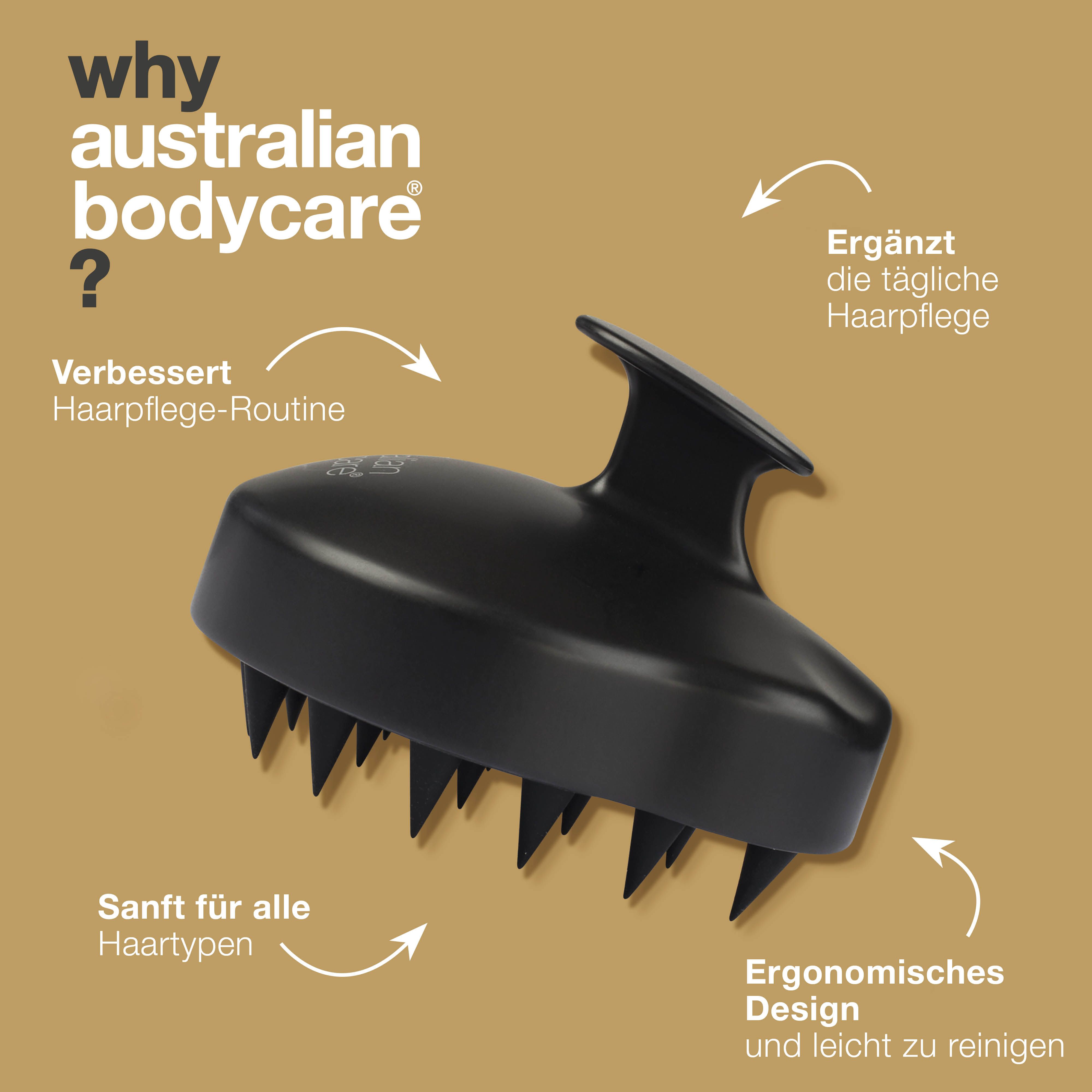 Grafik: Kopfmassagebürste und Text. Text: Verbessert Haarroutine, Ergonomisches Design, Sanft für alle Haartypen.
