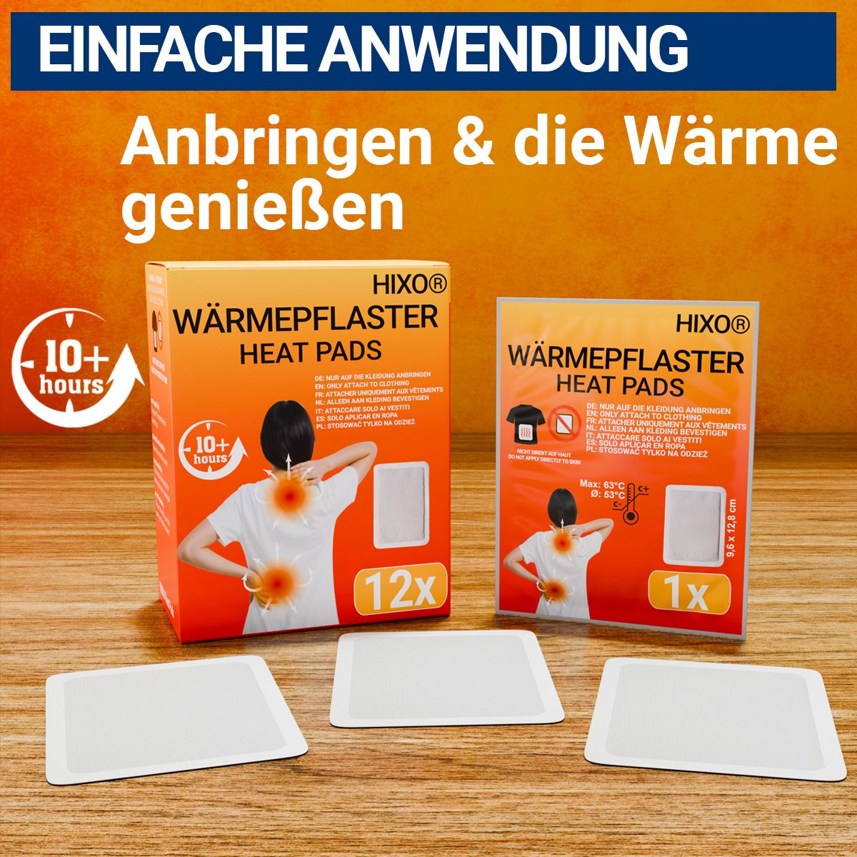 HIXO Wärmepflaster-Packungen und Wärmepflaster. Text: Einfache Anwendung. Anbringen & die Wärme genießen. 12 Stück und 1 Stück Packungen.