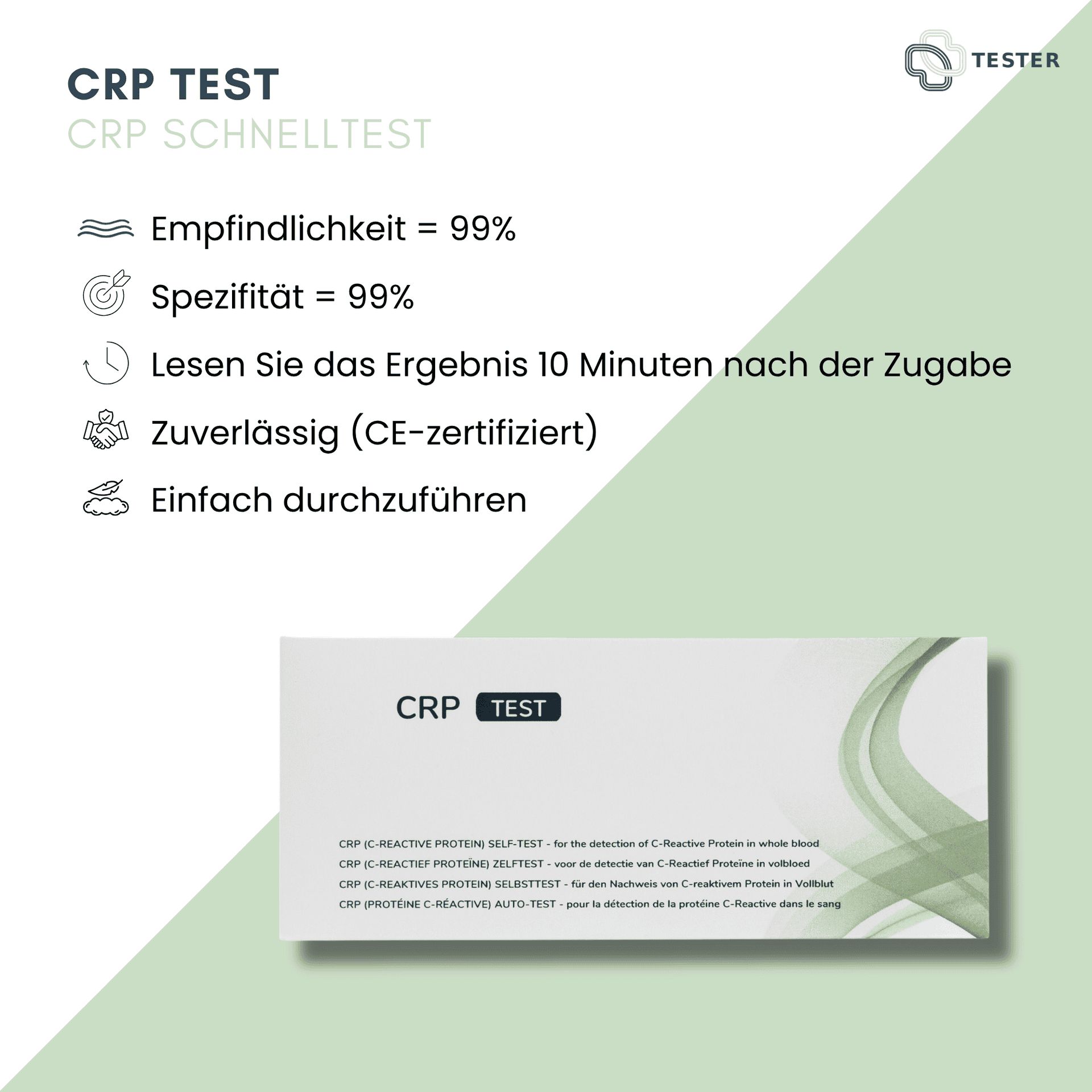 CRP Schnelltest: Empfindlichkeit 99%, Spezifität 99%, CE-zertifiziert. Ergebnis nach 10 Minuten.