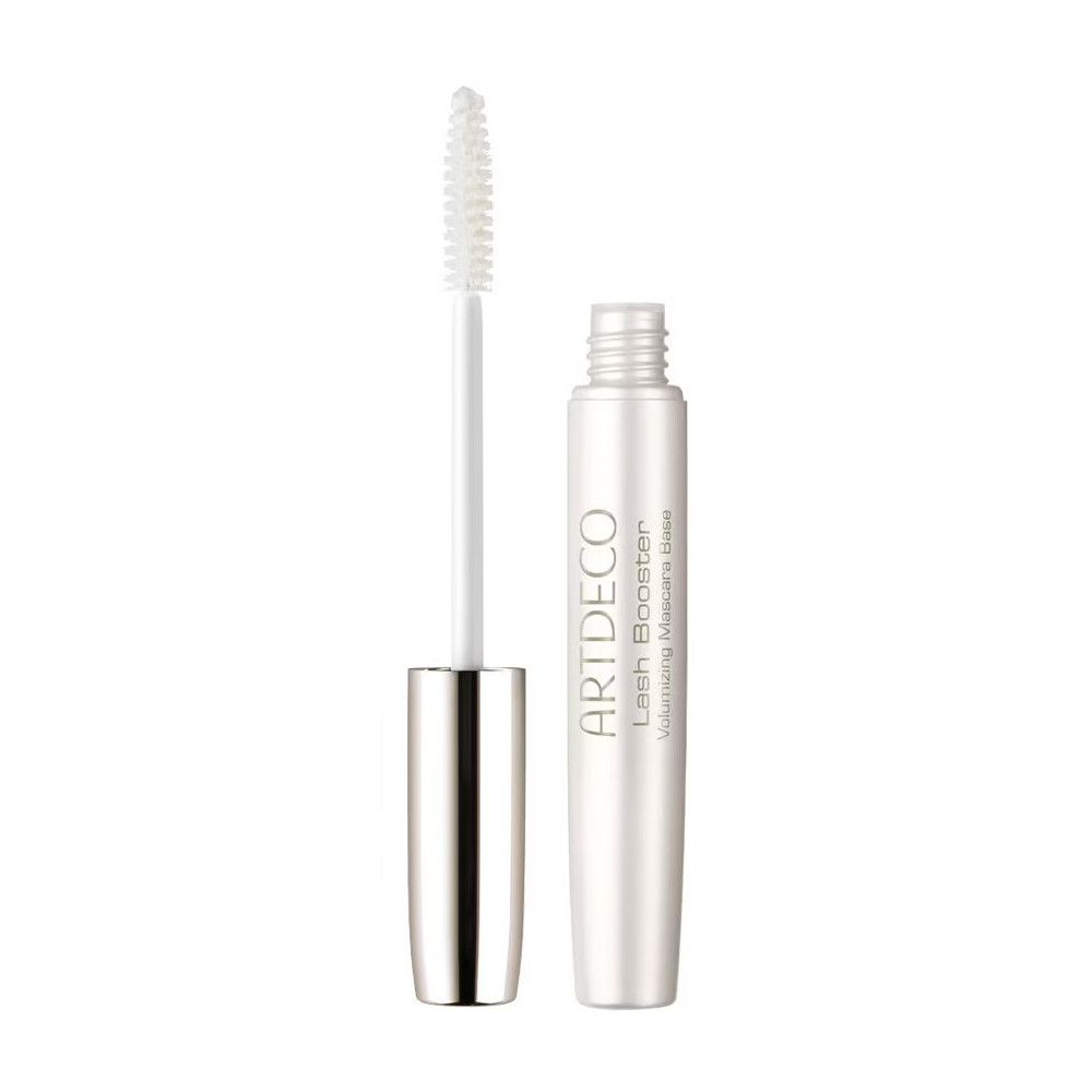 Mascara-Basis mit silberfarbener Kappe und Applikator. Produktname: ARTDECO Lash Booster Volumizing Mascara Base.