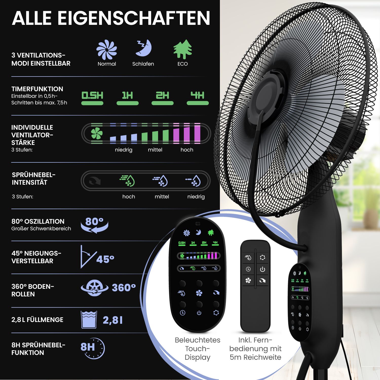 Schwarzer Standventilator mit Touch-Display und Fernbedienung. Diagramme zeigen Funktionen: Modi, Timer, Intensität, Oszillation.