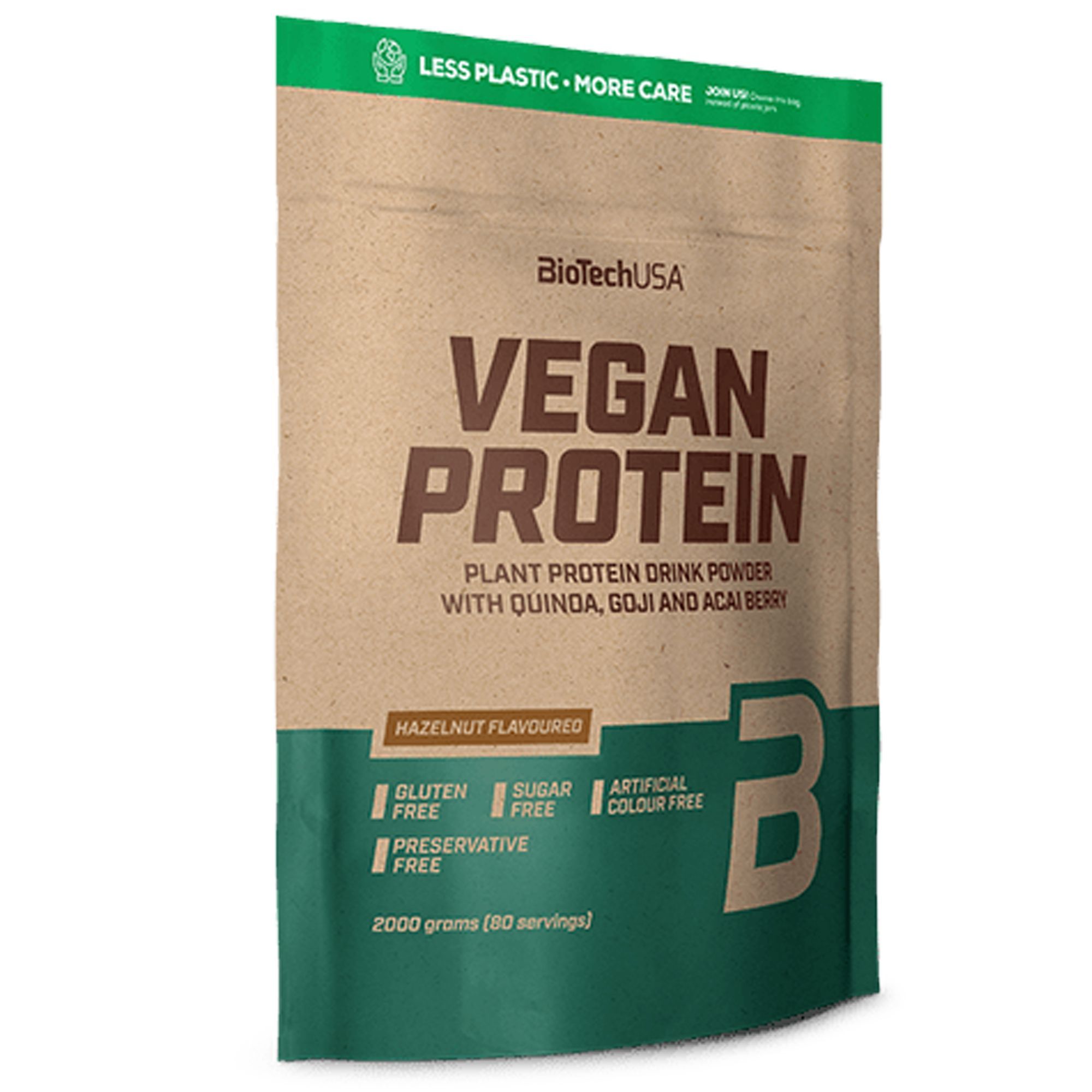 BioTechUSA Vegan Protein Pulver, Haselnussgeschmack, 2000g Beutel. Glutenfrei, zuckerfrei, konservierungsmittelfrei.