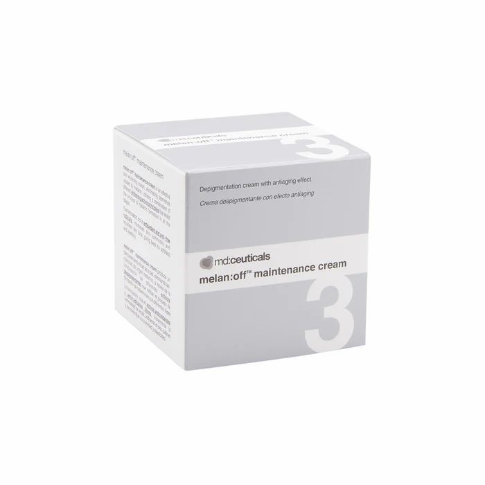 Graue Schachtel. Aufschrift: md:ceuticals melan:off maintenance cream. Nummer 3. Text: Depigmentierungscreme mit Anti-Aging-Effekt.