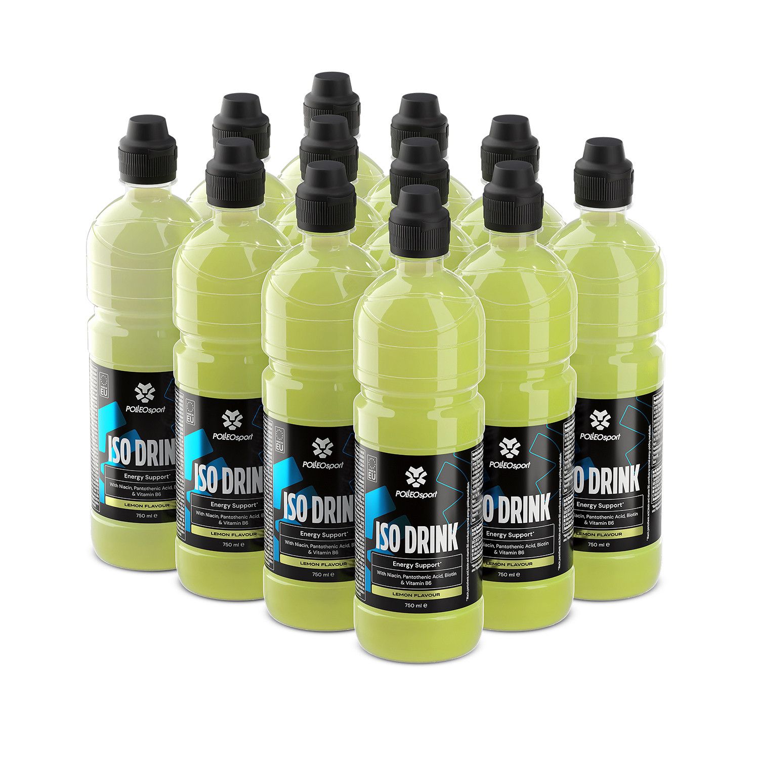Mehrere Flaschen gelbes Getränk mit schwarzen Deckeln. Aufschrift: ISO DRINK, Energy Support, Lemon Flavour.