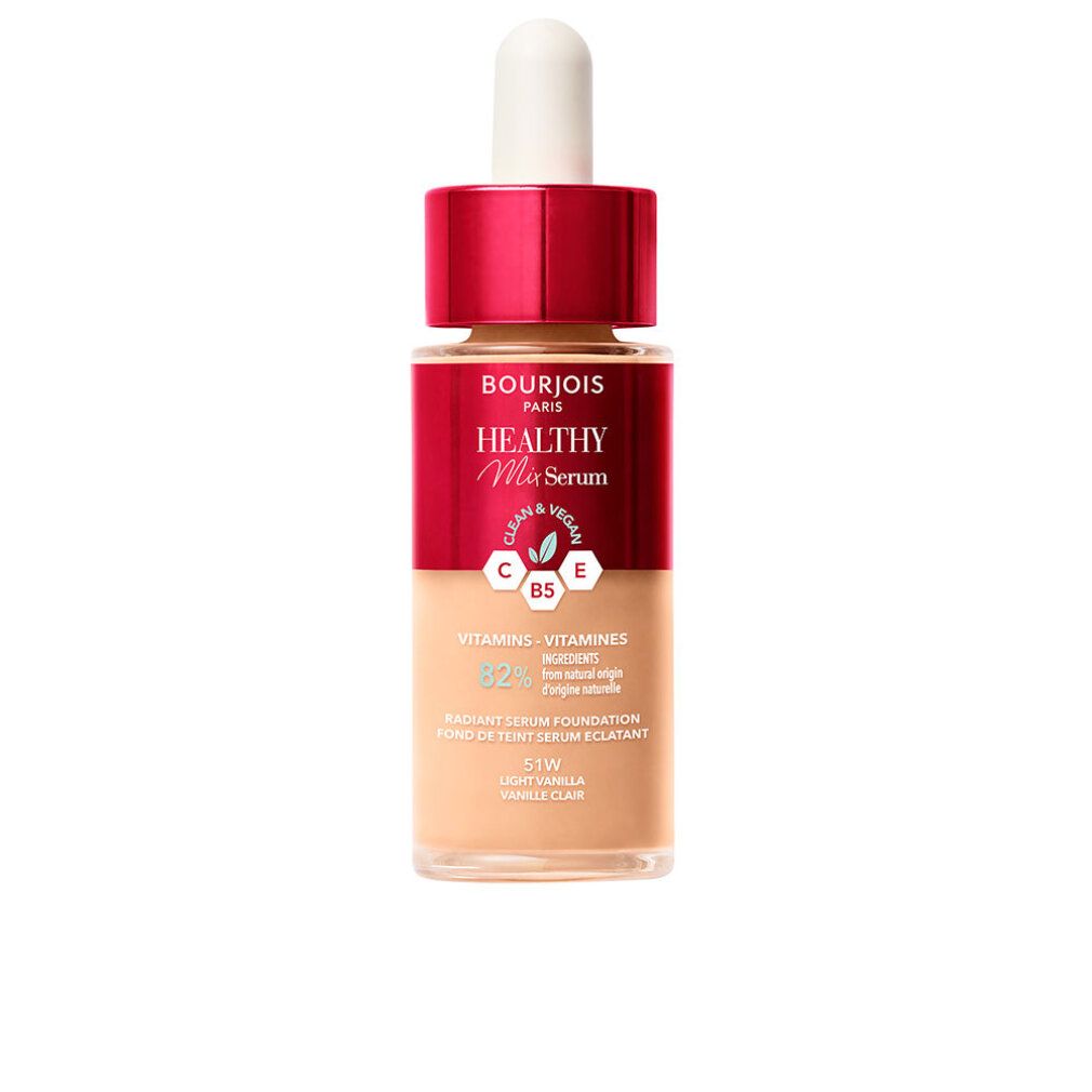 Serum Foundation Flasche. Roter Deckel, transparente Flasche mit beiger Flüssigkeit. Weißer Applikator. Produktname und Details sichtbar.