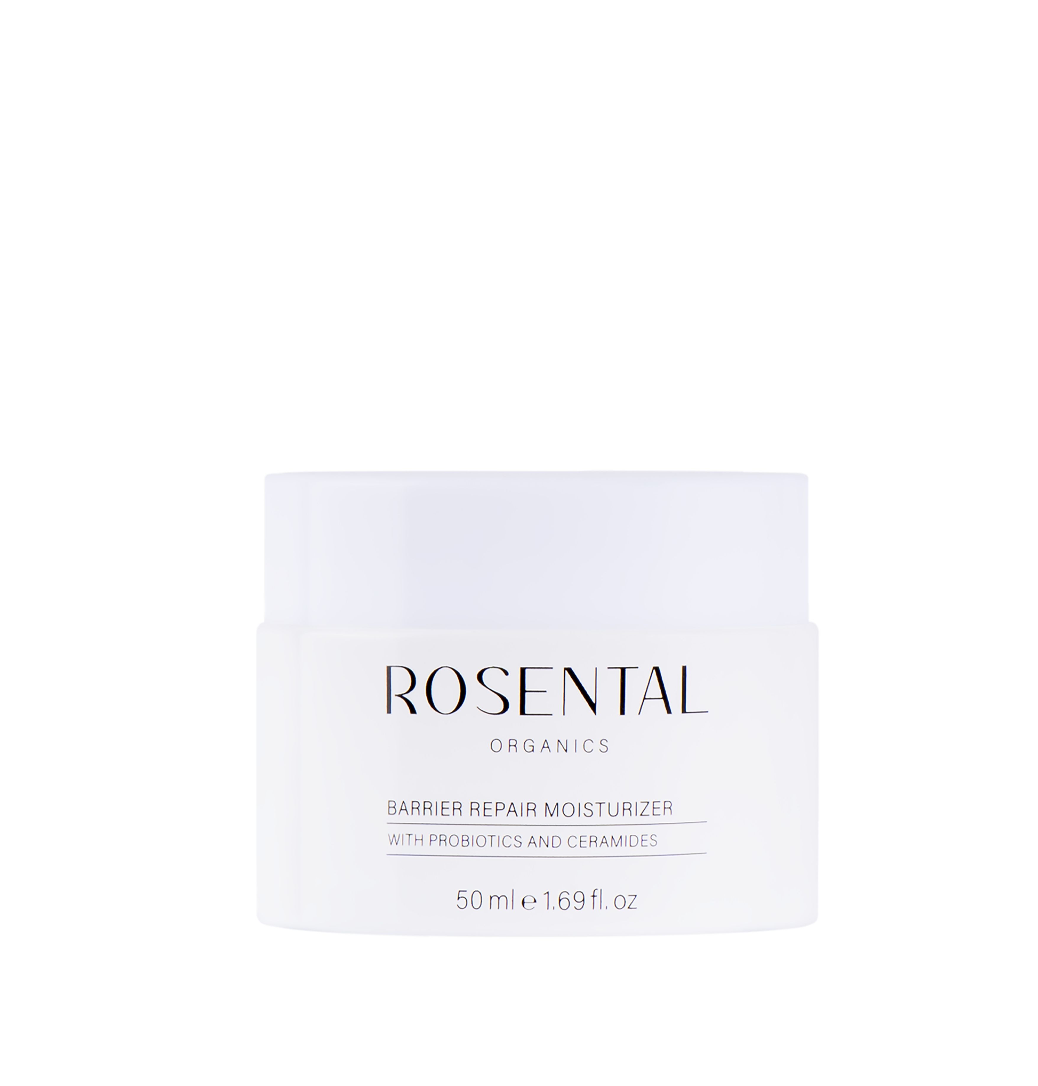 Weißer Tiegel mit Aufschrift: Rosental Organics. Produktname: Barrier Repair Moisturizer. 50 ml.