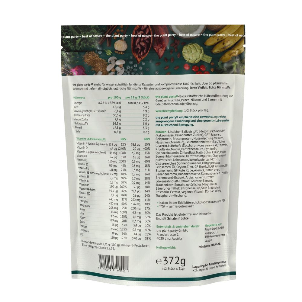 Rückseite einer the plant party®-Verpackung. Enthält Nährwertangaben und Zutatenliste. 372g, 12 Stück.