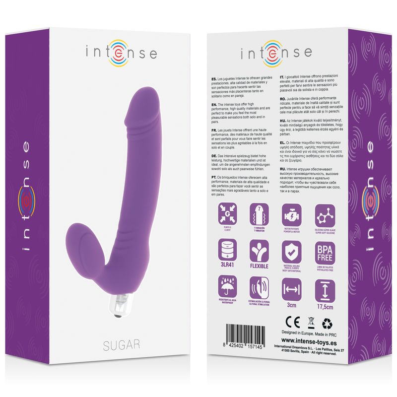 Verpackung mit lila Vibrator. Marke Intense. Produktname Sugar. Text und Icons.