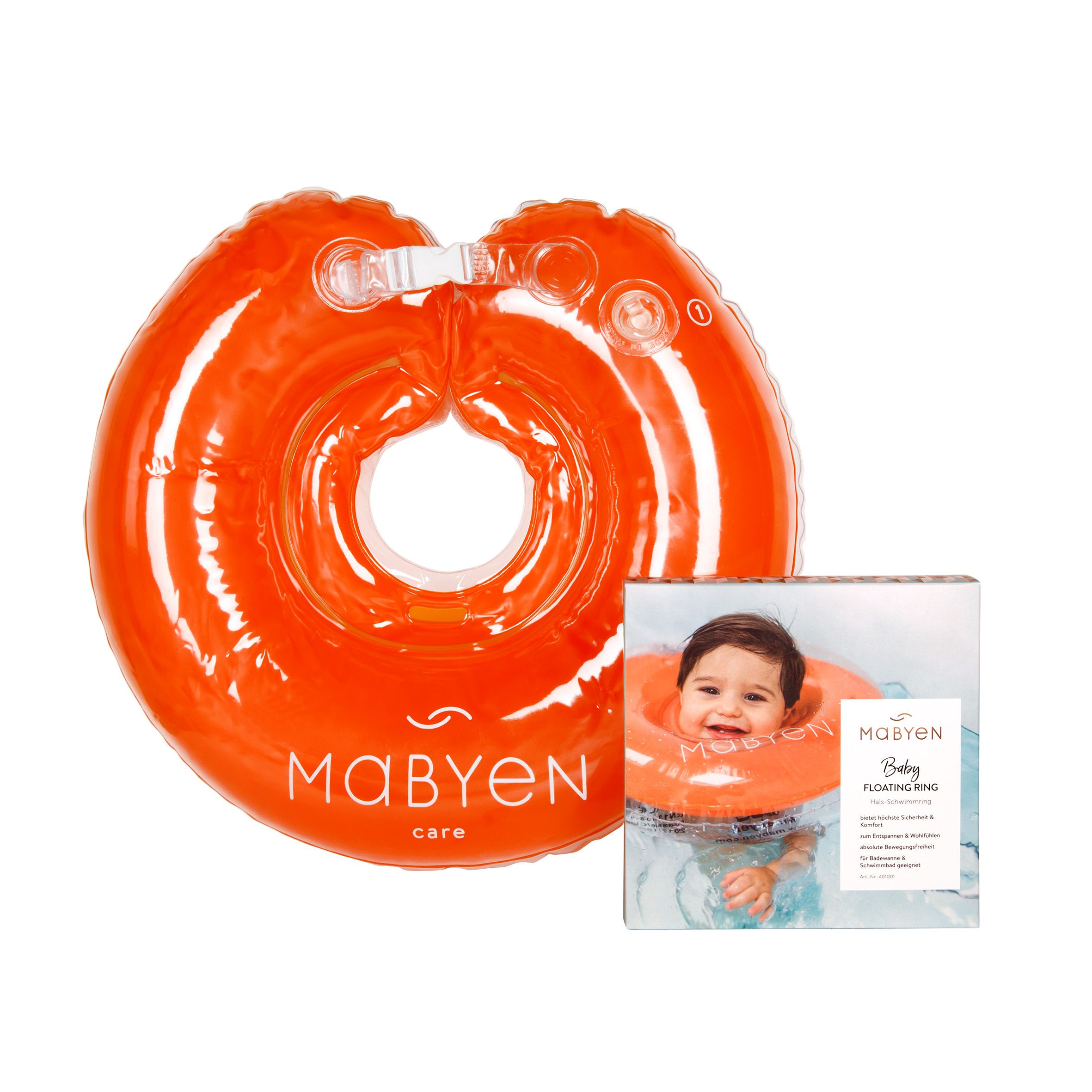 Orangefarbener Baby-Schwimmring mit Verpackung. Ring mit Logo MABYEN Care. Verpackung zeigt Baby im Ring.