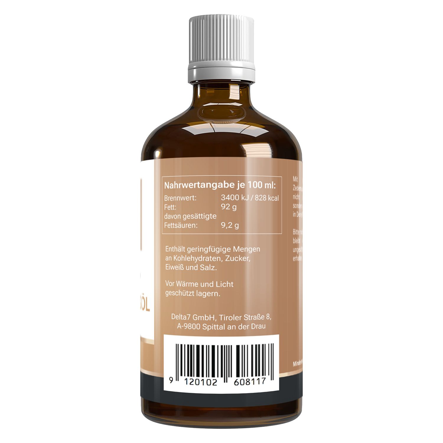 Rückseite der braunen Glasflasche mit weißem Deckel. Nährwertangaben pro 100 ml. Barcode.